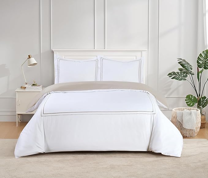 Majestic Giftware Madison Linen 4 Pcs 48" Full Size Duvet Bedding Set (BL51-48F-3-4pcs) Flora Hotel Collection-White-Taupe Embroidery 400 TC Cotton Sateen | 1 Fitted Sheet, 1 Duvet, 2 Pillowcase