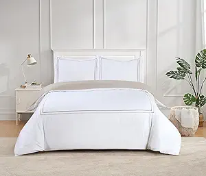 Majestic Giftware Madison Linen 4 Pcs 48" Full Size Duvet Bedding Set (BL51-48F-3-4pcs) Flora Hotel Collection-White-Taupe Embroidery 400 TC Cotton Sateen | 1 Fitted Sheet, 1 Duvet, 2 Pillowcase
