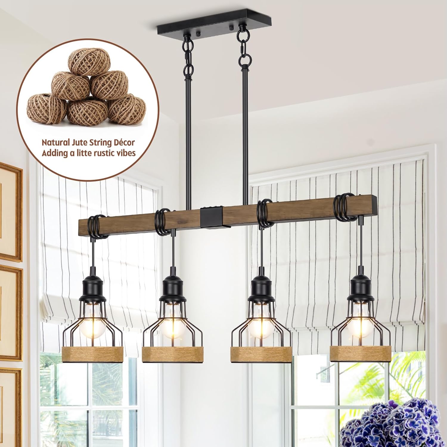 Kitchen Island Lighting Ceiling 4-Light Dining Room Light Fixture Hanging, Rustic Linear Chandelier with Solid Wood Modern Kitchen Pendant Light Over Island Farmhouse Dining Light Metal Lampshade