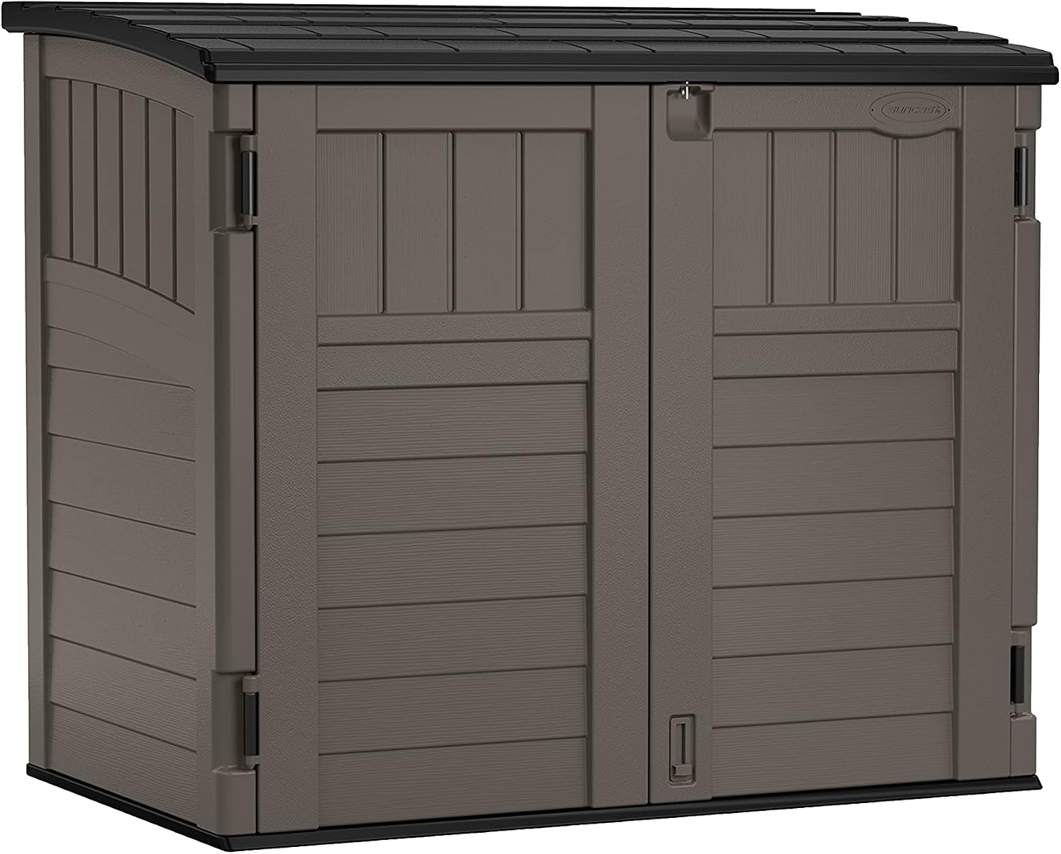 Suncast 4' x 2' Horizontal Storage Shed - Natural Wood-Like Outdoor Storage for Trash Cans and Yard Tools - All-Weather Resin Material, Hinged Lid Design and Reinforced Floor - Stoney