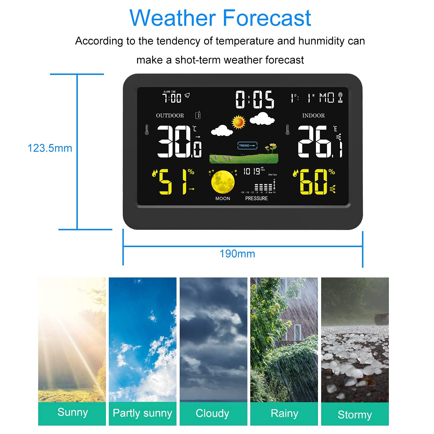 Estaciones meteorológicas Estación meteorológica con Sensor Exterior Control de voz inalámbrico, para Interior y Exterior con Temperatura/humedad/pronóstico, pronóstico meteorológi