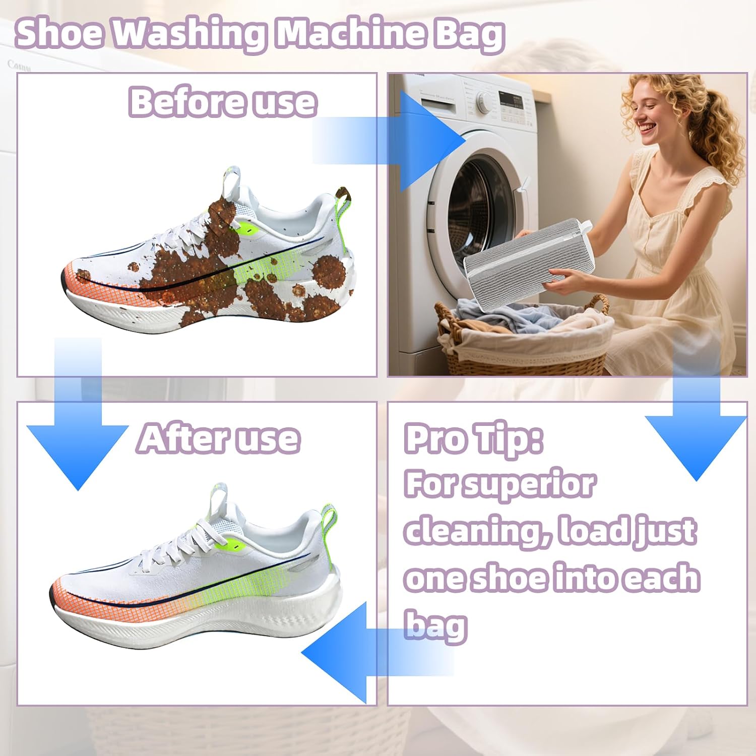 Shoe Washing Machine Bag Shoe Laundry Bags for Sneakers Reusable 2pc Shoes Cleaning Bags 360° Deep Clean for All Shoes Types With Invisible Zipper - Image 4
