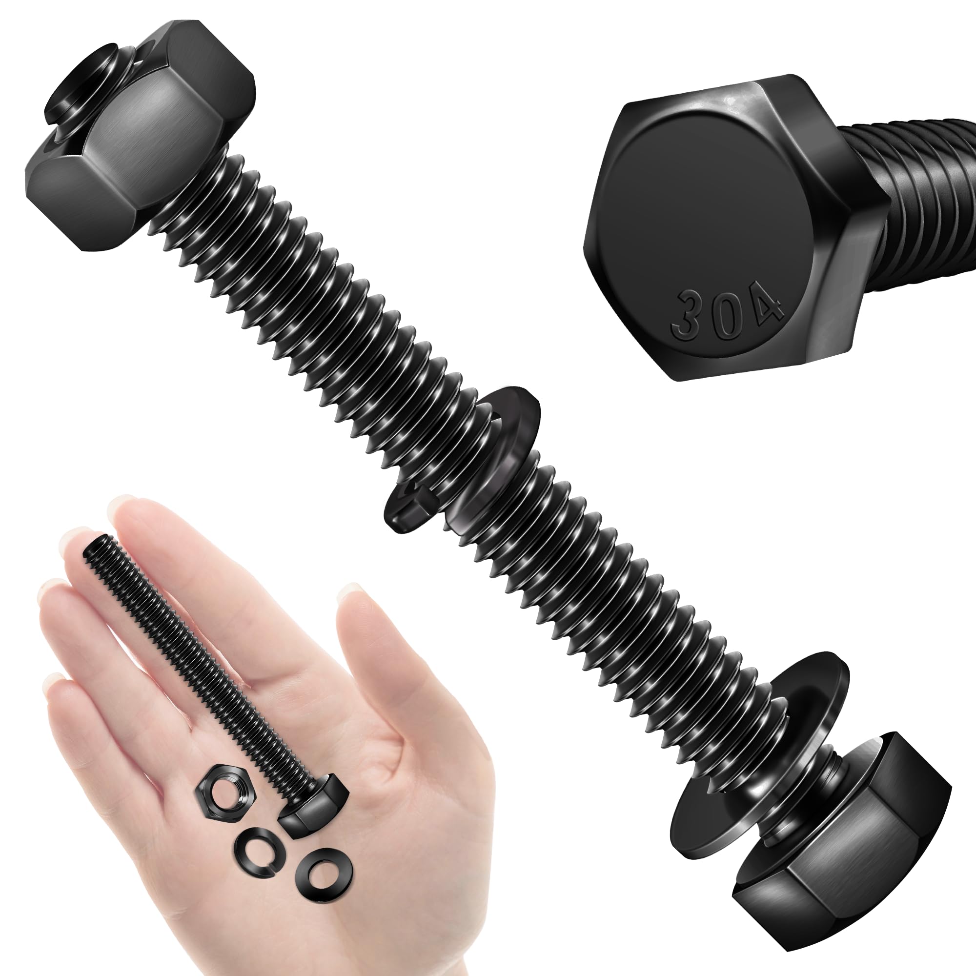 Mywish (5 Sets) 3/8-16 x 3 Hex Head Bolts and Nuts with Flat & Lock Washers, 304 Stainless Steel 18-8, Fully Threaded, Black Oxide Bolt Kit, 3/8 Bolt