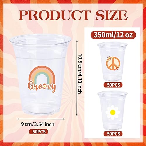 Miniatura 2 de Paquete de 150 vasos de plástico para fiestas, estilo bohemio, retro, hippie, desechables, transparentes, 12 onzas, margaritas, a granel, para