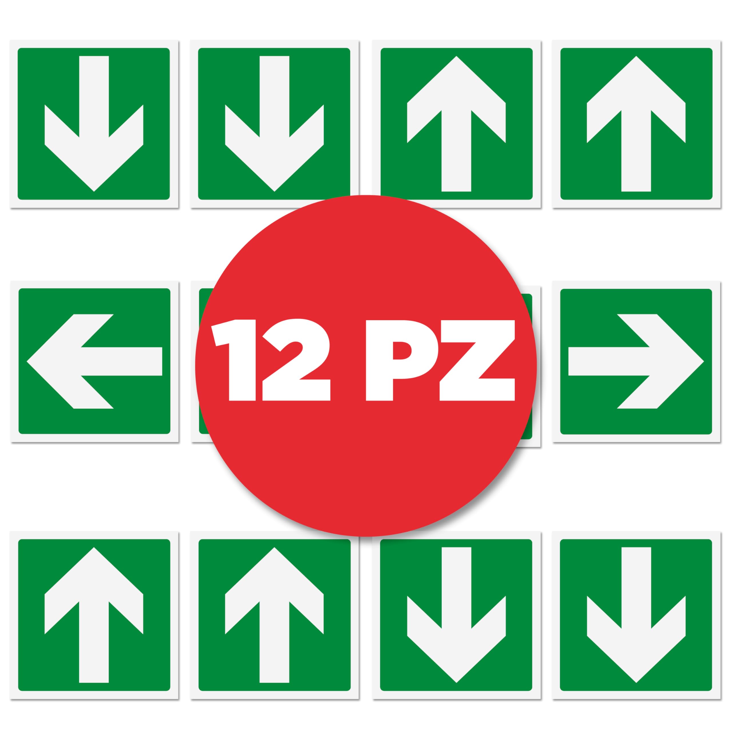 12 Adesivi Frecce Uscita Emergenza formato cm 12x12 | Segnaletica Uscita di Sicurezza | 12 pz