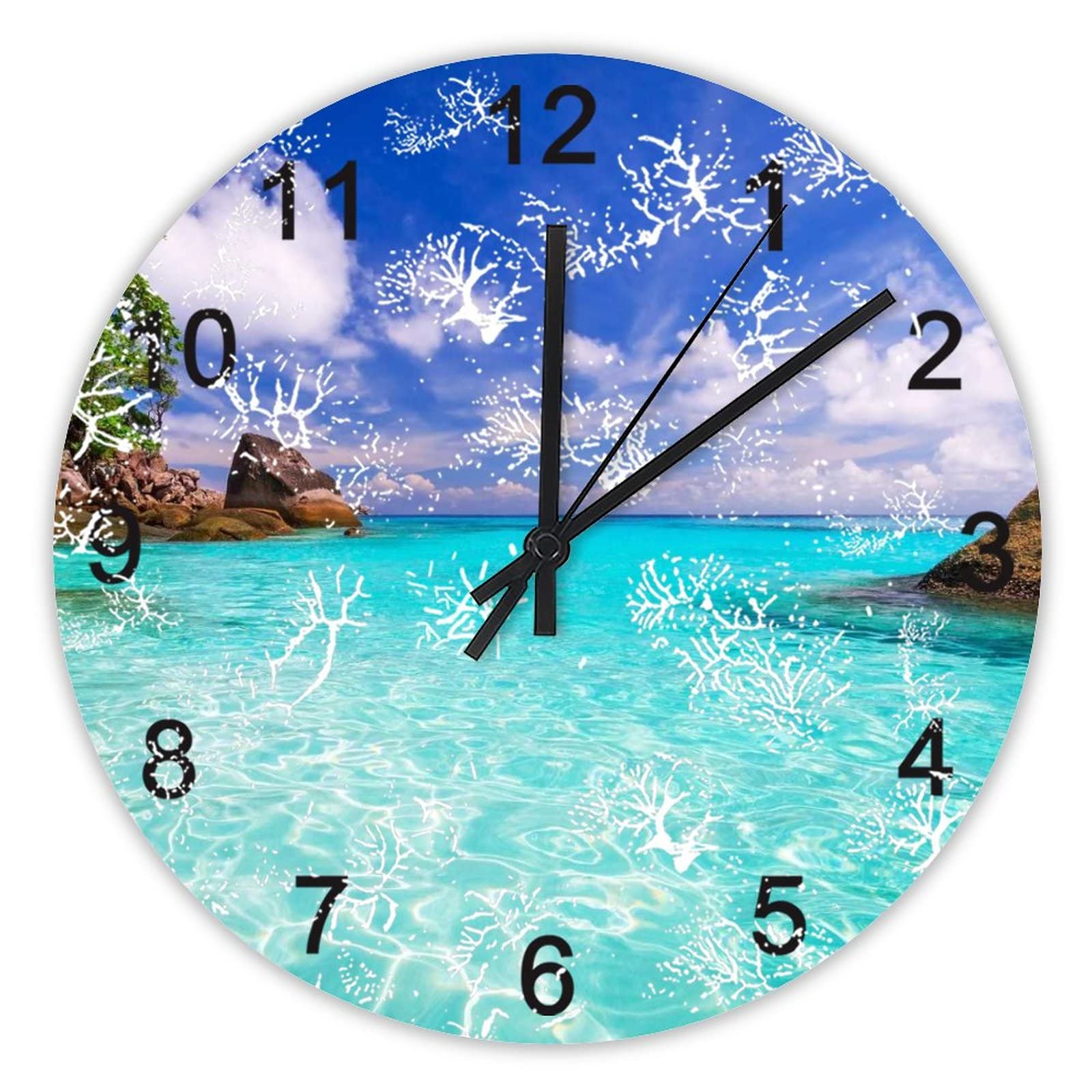 Horloge murale silencieuse de 40,6 cm au design de plage bleue pour cuisine