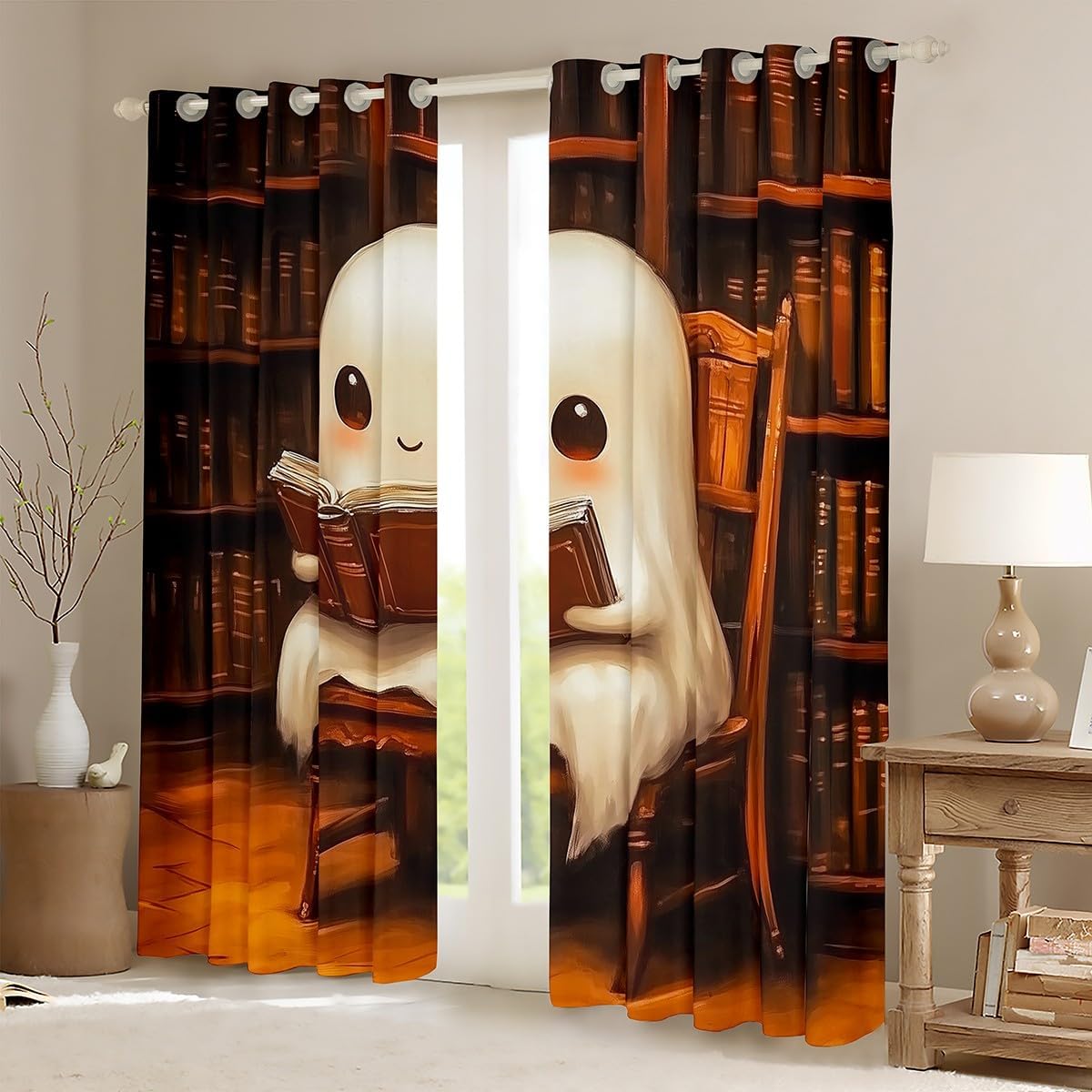jejeloiu Cute Ghost Curtain (2 Panels, 38 x 45 Inch) Kids Halloween Book Library Blackout Shades Spooky Window Treatments