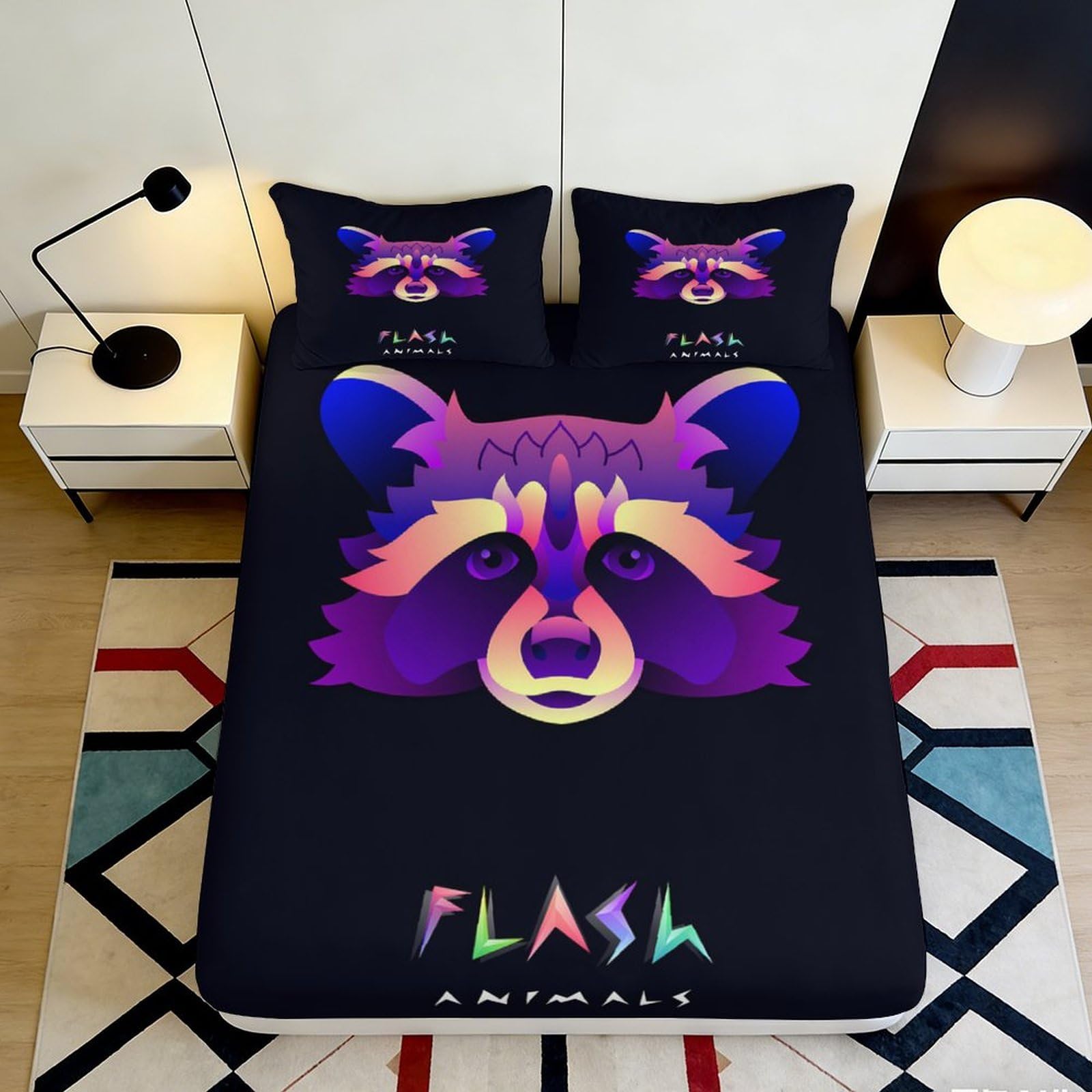 Dhbaneiok Style-6 3D Printed Neon Raccoon Fitted Sheet Microfiber Soft Anti-Slip Animal Art Mattress Cover For Bedroom Dorm Decor 90X200x25cm