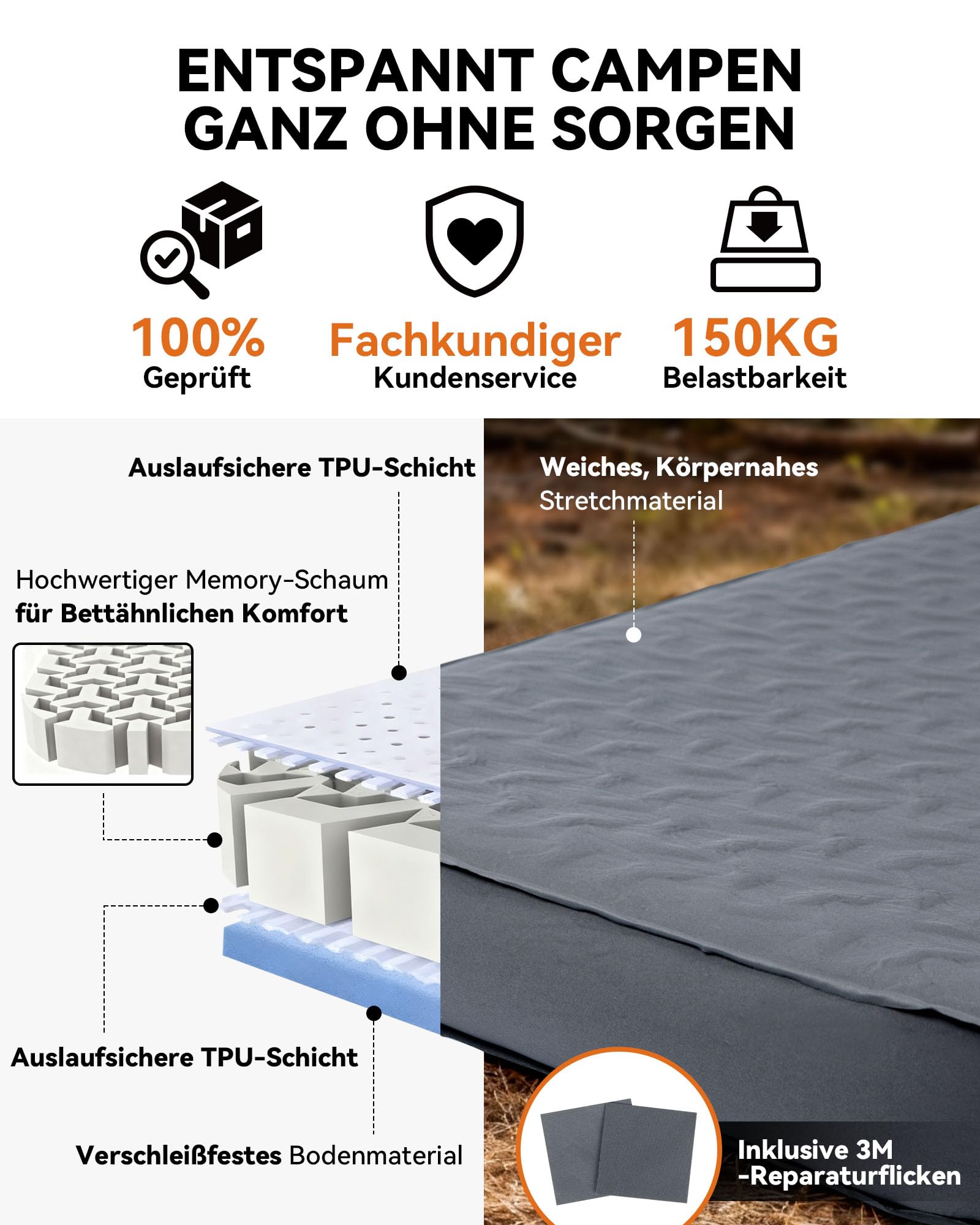 HIKENTURE Materac kempingowy o grubości 10 cm, karimata samopompująca o wartości 9,5 R, konstrukcja 3D, materac dmuchany z pianką, wygodna mata do spania z workiem z pompką, na kemping, do aktywności