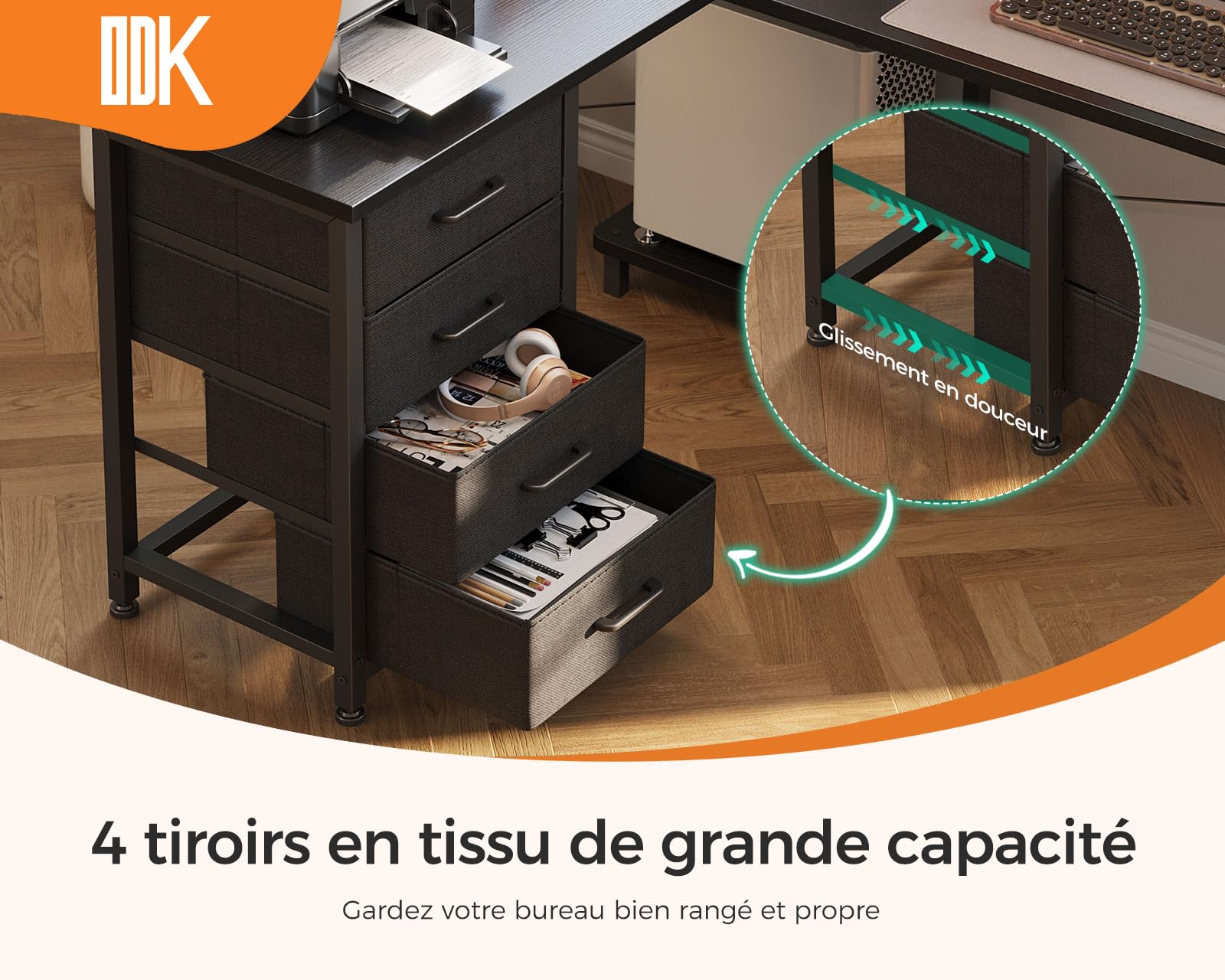 ODK Bureau d'angle avec 4 Tiroirs, 135×100 cm Bureau en L avec Prises de Courant et Ports de Charge USB, Table Angle avec Rangement Réversible pour Travailler et Jouer, Noir
