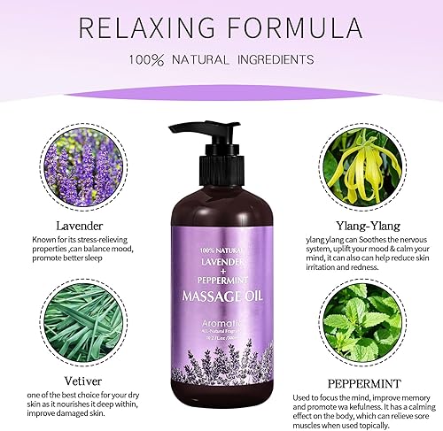 Vista 2 de Aceite de masaje de lavanda para calmar, calmar y relajar los músculos, aceite de masaje para masaje, aceite corporal ideal para hidratar la piel