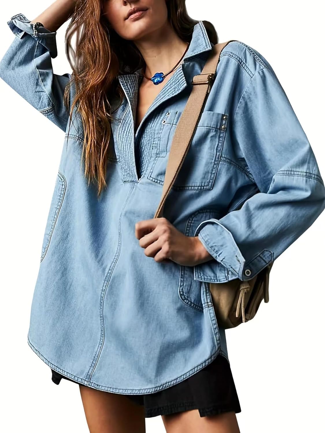 yoeasy Women's Denim Pullover Oversized V Neck Jean Shirt Loose Fit Long Sleeve Denim Jacket With Pocket