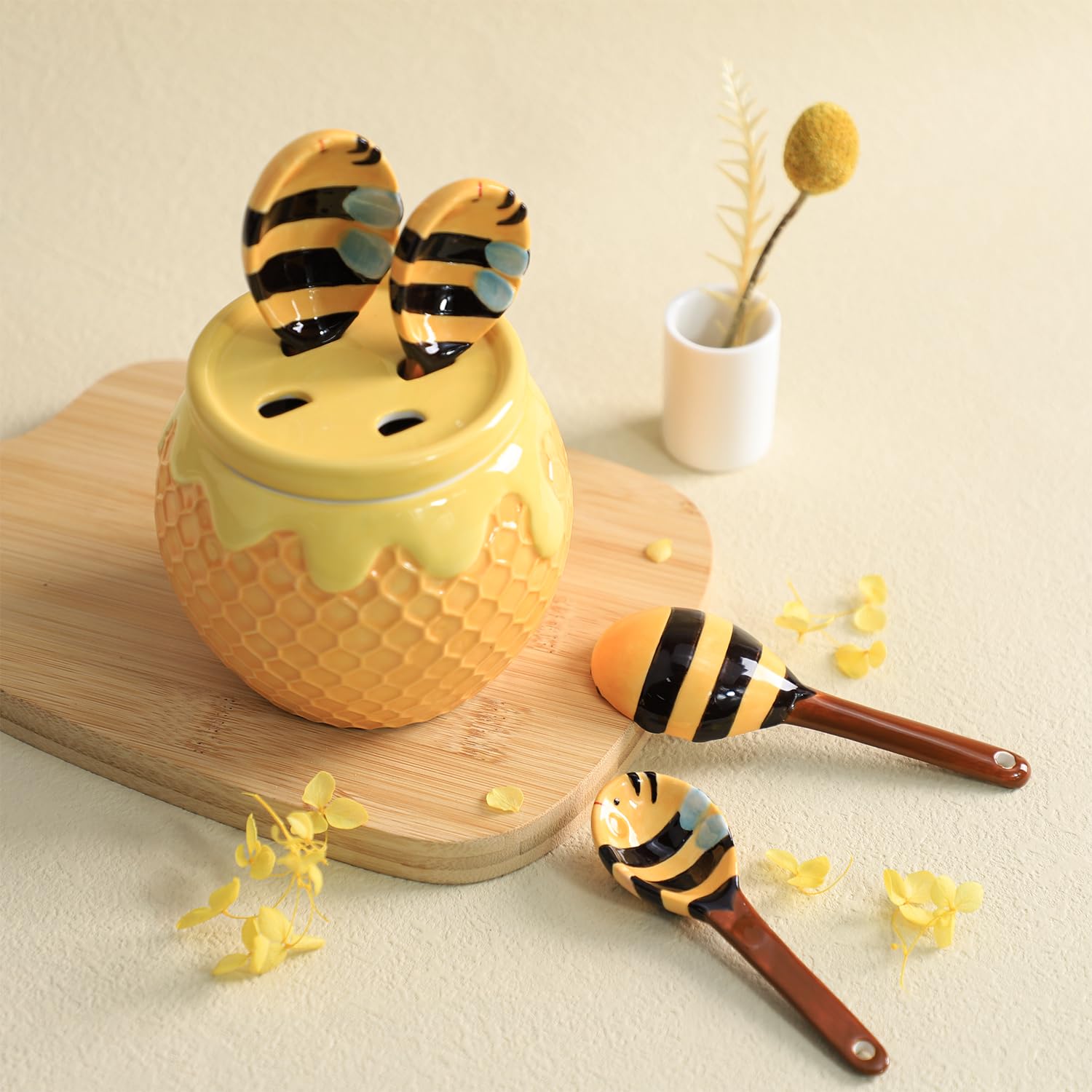 Keramik-Messlöffel-Set mit Bienen- und Wabenmuster, für trockene oder flüssige Flüssigkeiten mit Messbecher-Set, 4 Stück, Küchenmesslöffel, Kochmesslöffel für Küche, Backwerkzeug,