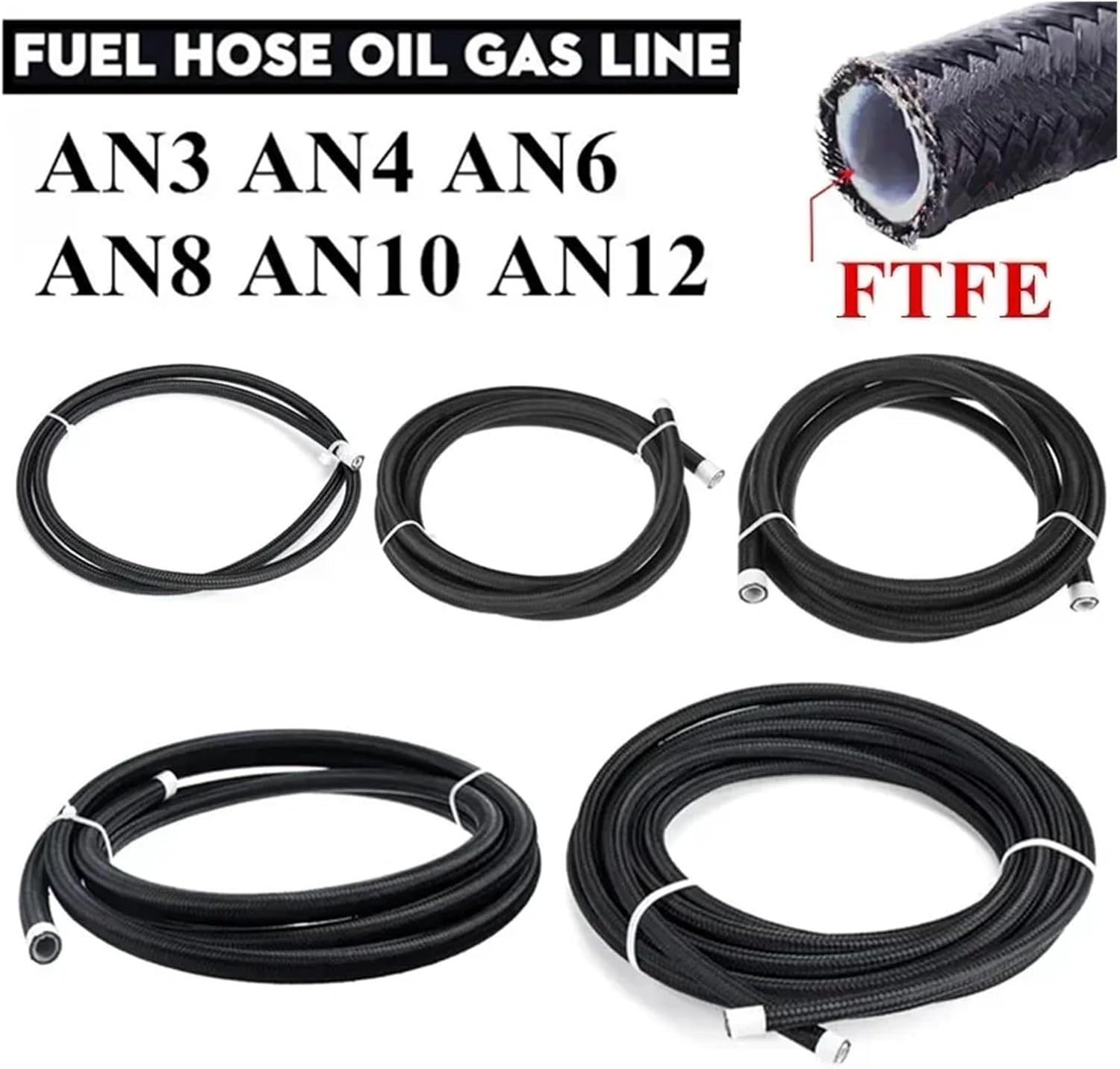 1M/3M/4M/6M AN3 AN4 AN6 AN8 AN10 Universal E85 Fuel Hose Oil Gas Cooler Line Pipe Tube Nylon Stainless Steel Braided Inside PTFE(1M AN6 ID8.13mm)