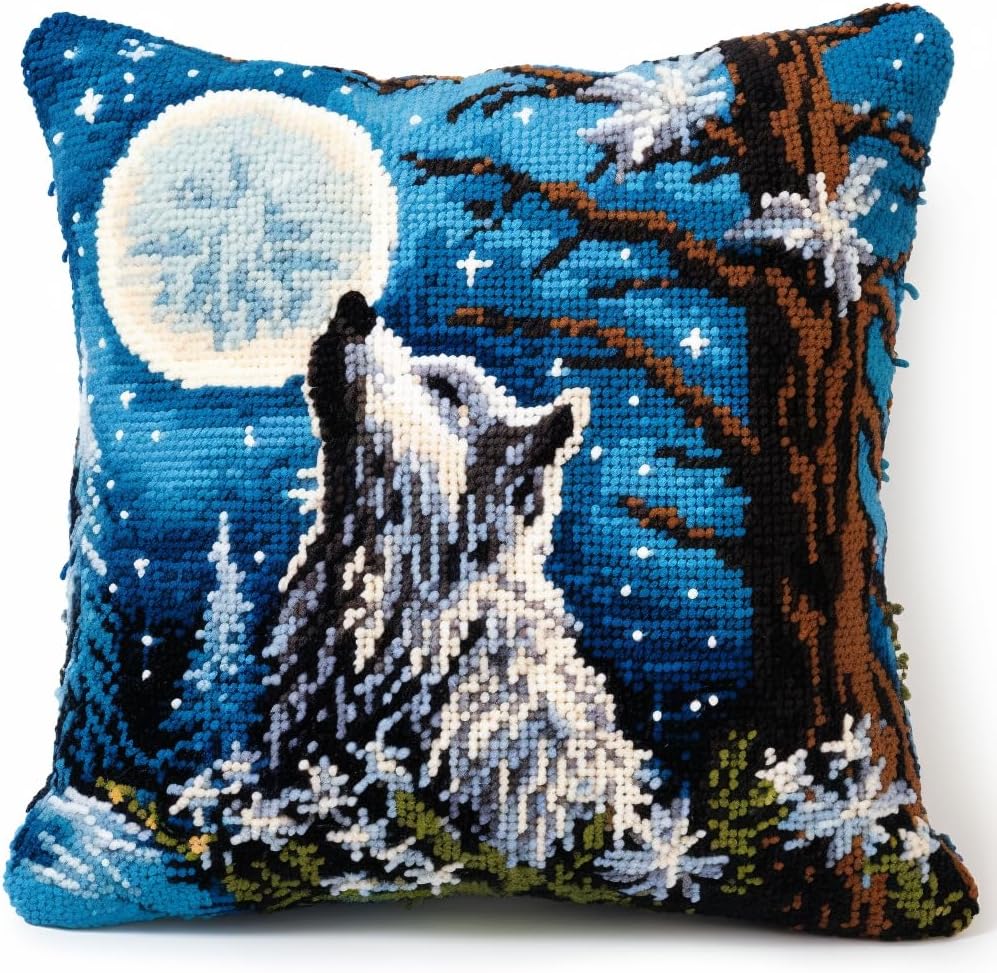 DIY Latch Hook Pillow Kits Forest Wolf Blue Moon Night Printed Embroidery Pillowcase Crochet Yarn Hook and Latch Craft Rug Cushion for Home Christmas Decor and Gift 43x43cm(4)