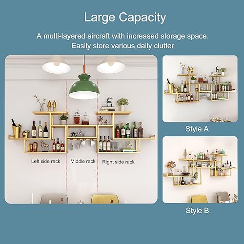 Miniatura 4 de Estantes de metal para vino, estantes de bar montados en la pared con estante colgante para copas de vino, mini bar, gabinete de licor, estante de