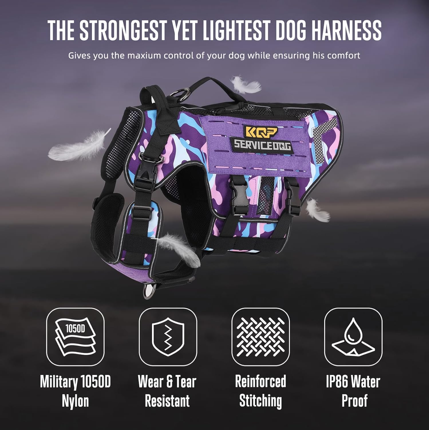 No Pull Dog Harness -Tactical Dog Harness - Military Dog Vest with Adjustable - Dog Harness for Large Dogs, Service Dog, Purple Camo, XL