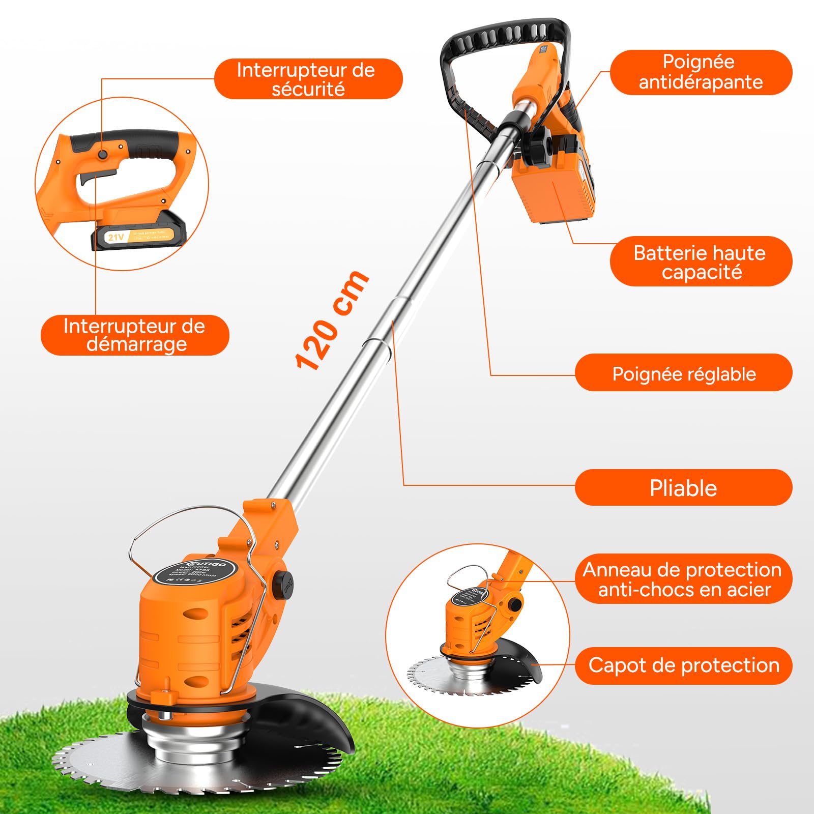 OUTIGO Cordless Electric Brushcutter, Battery Trimmer, Comes with 2 x 21V Batteries and Charger, Cordless Edge Cutter with Battery with 4 Types of Blades, Use a Lawn Domes - 2