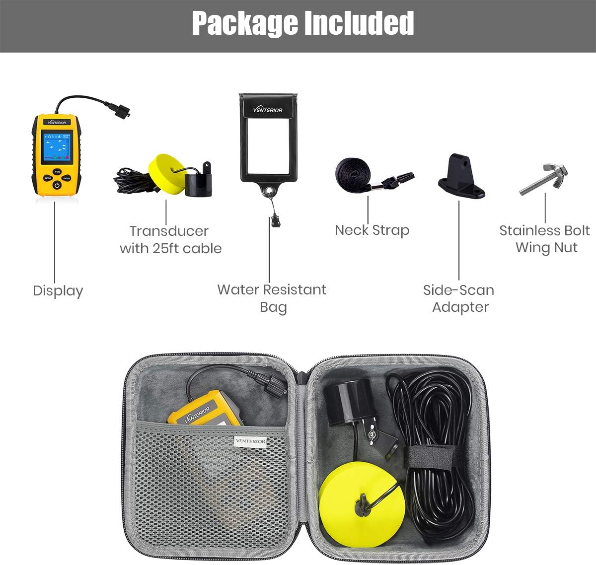 Venterior Portable Fish Finder Handheld Fishfinder Depth Finder Fishing Gear with Sonar Transducer, LCD Display, Water Resistant Bag and Storage Case (Orange): GPS & Navigation