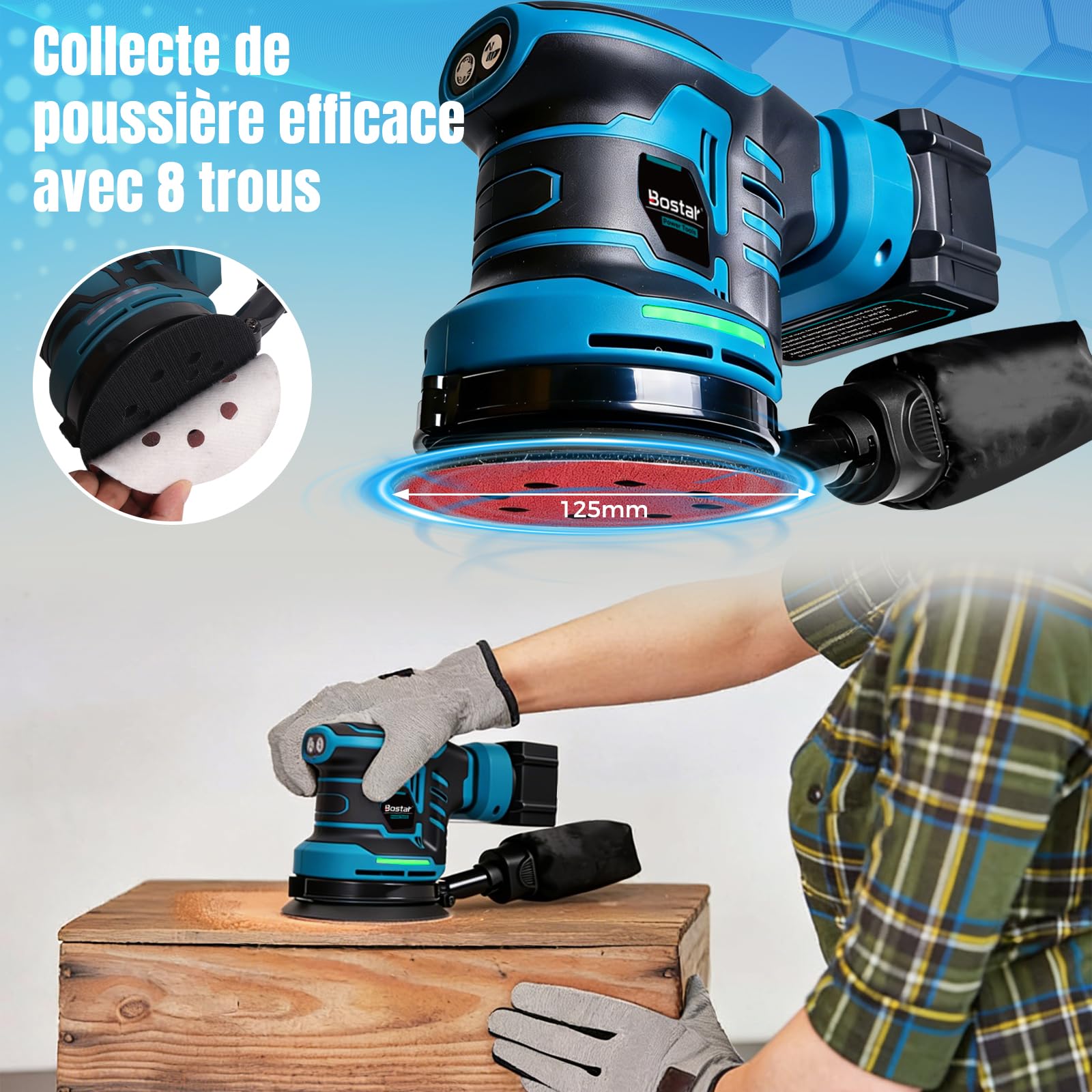 Bostar Ponceuse Excentrique Sans Fil 18V, Ø125mm Moteur Brushless, 2 Batteries 3.0Ah, Max. 21000 tr/min, 6 Vitesses, Sac à Poussière, Ponceuse Orbitale pour Bois et Voiture, Compatible Makita 18V
