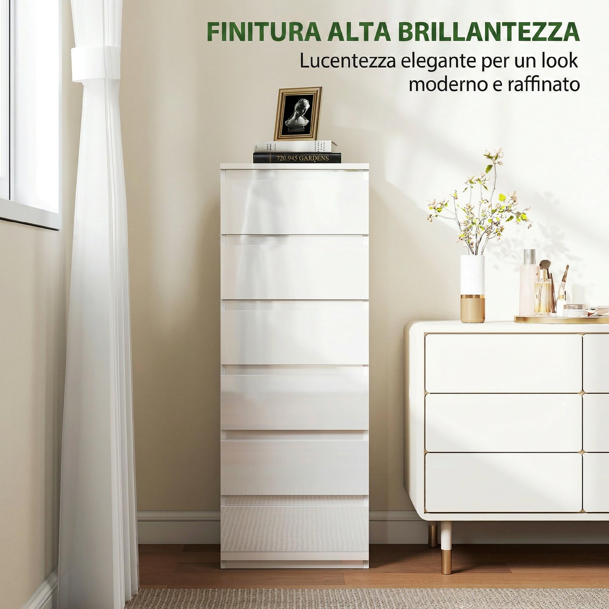 HOMCOM Cassettiera Camera da Letto Slim Alta con 6 Cassetti, Comò Camera da Letto Senza Maniglie, Cassettiera Salvaspazio per Soggiorno Corridoio Ingresso, 40x35x109 cm, Bianco Lucido