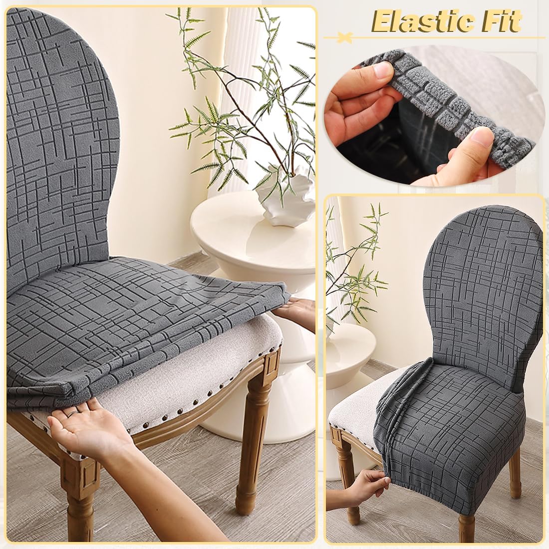 Round Back Dining Chair Cover Stretch Dining Chairs Slipcovers with Round Back Jacquard French Country Oval Chairs Protector Without Arms for Banquet Home Decor Set of 4 Dark Gray