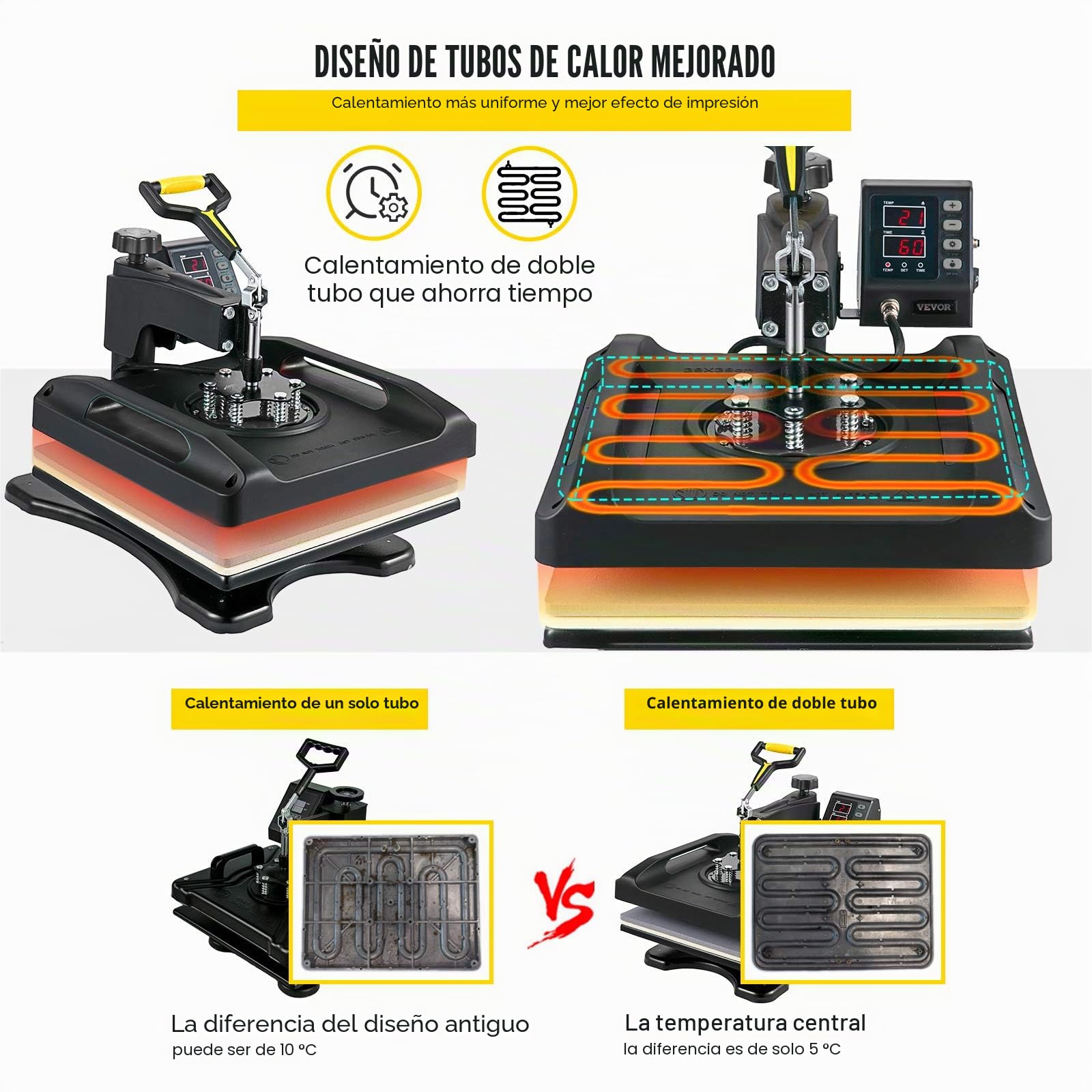VEVOR Prensa de Calor 8 en 1 Placa 38 x 38 cm Máquina de Prensa de Calor Negra 1000 W Giratoria de 360 Grados Pantalla Digital Prensa de Transferencia para Camiseta Taza Sombrero Tapa