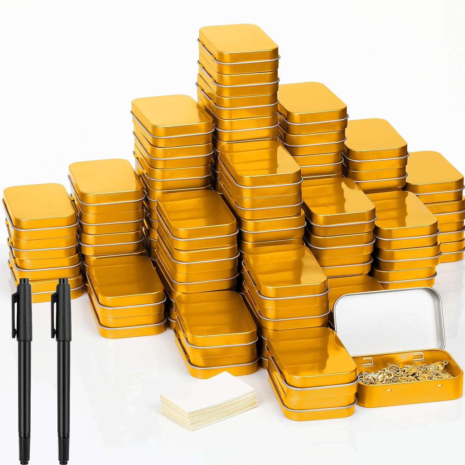 meekoo 162 Pcs Metal Tins Empty Rectangular Storage Container Kit Includes 80 Hinged Tin Box 3.7 x 2.4 x 0.8 Inch Craft Organizers Metal Boxes with Lid 80 Adhesive Tags 2 Black Paint Pens(Gold)