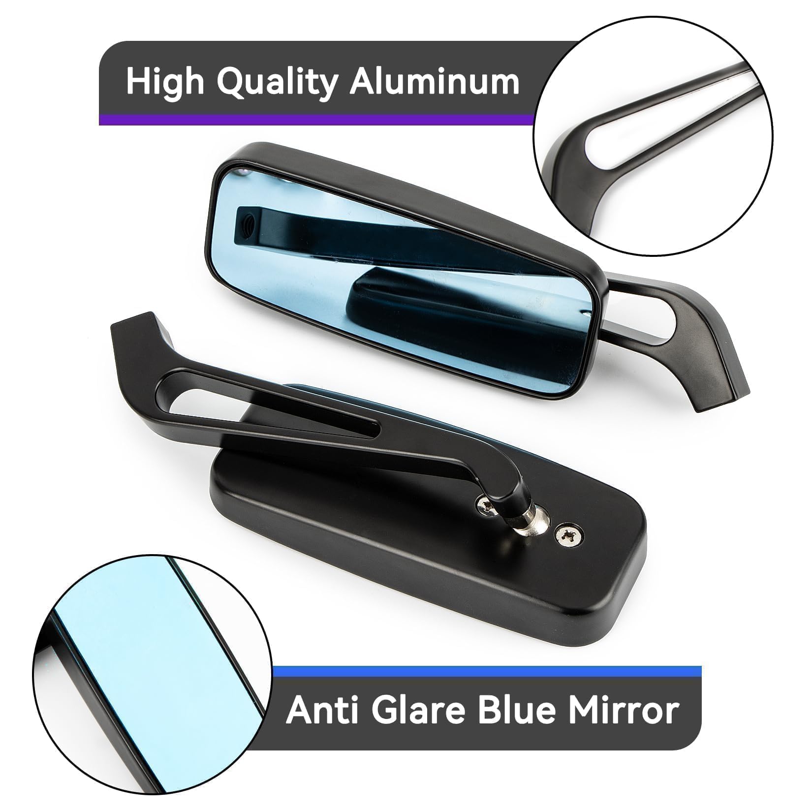 PSLER Specchietti Retrovisori Laterali Rettangolari per Moto - 8mm/10mm Adatti per Road Glide Street Glide Sportster 48 883 120 Chopper Softail Bobber Cruiser (Nero)