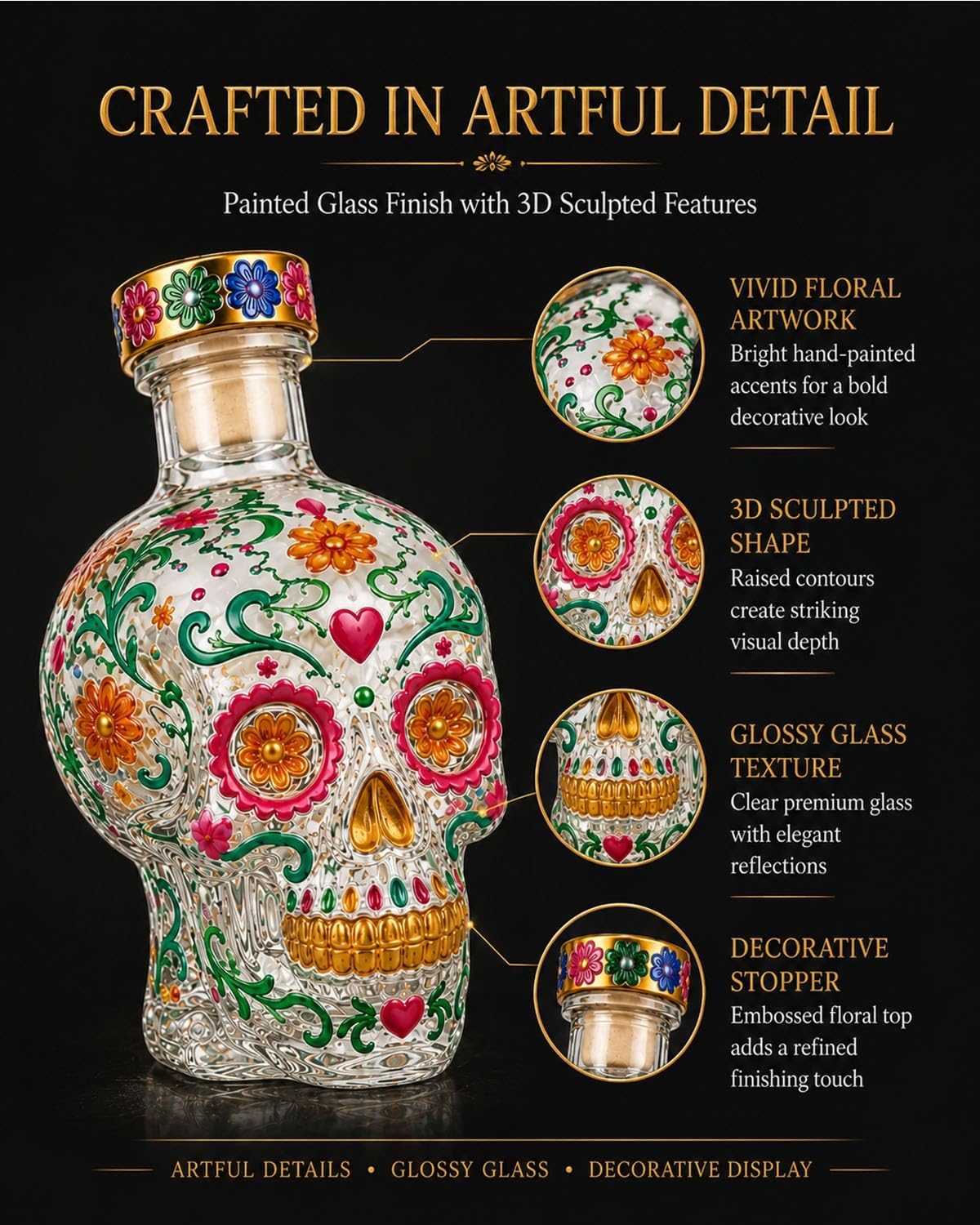 2026 Botella decantadora gótica con diseño de calavera del Día de los Dead, edición limitada, decoración para el hogar, bar, Halloween, fiesta, regalo (14 cm)