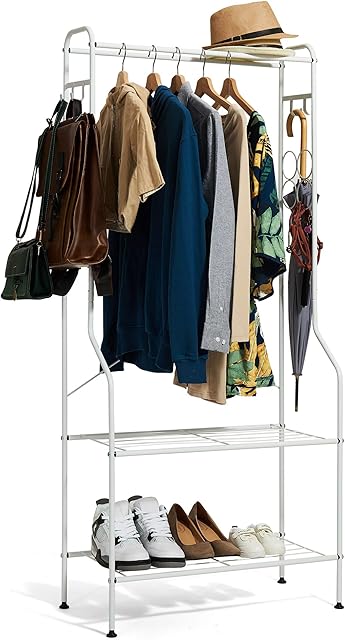 Hododou Coat Rack Stand Versatile Hall Tree Storage Rack Coat Rack with Shoe Rack Home Office Hallway Bedroom 155CM (White)