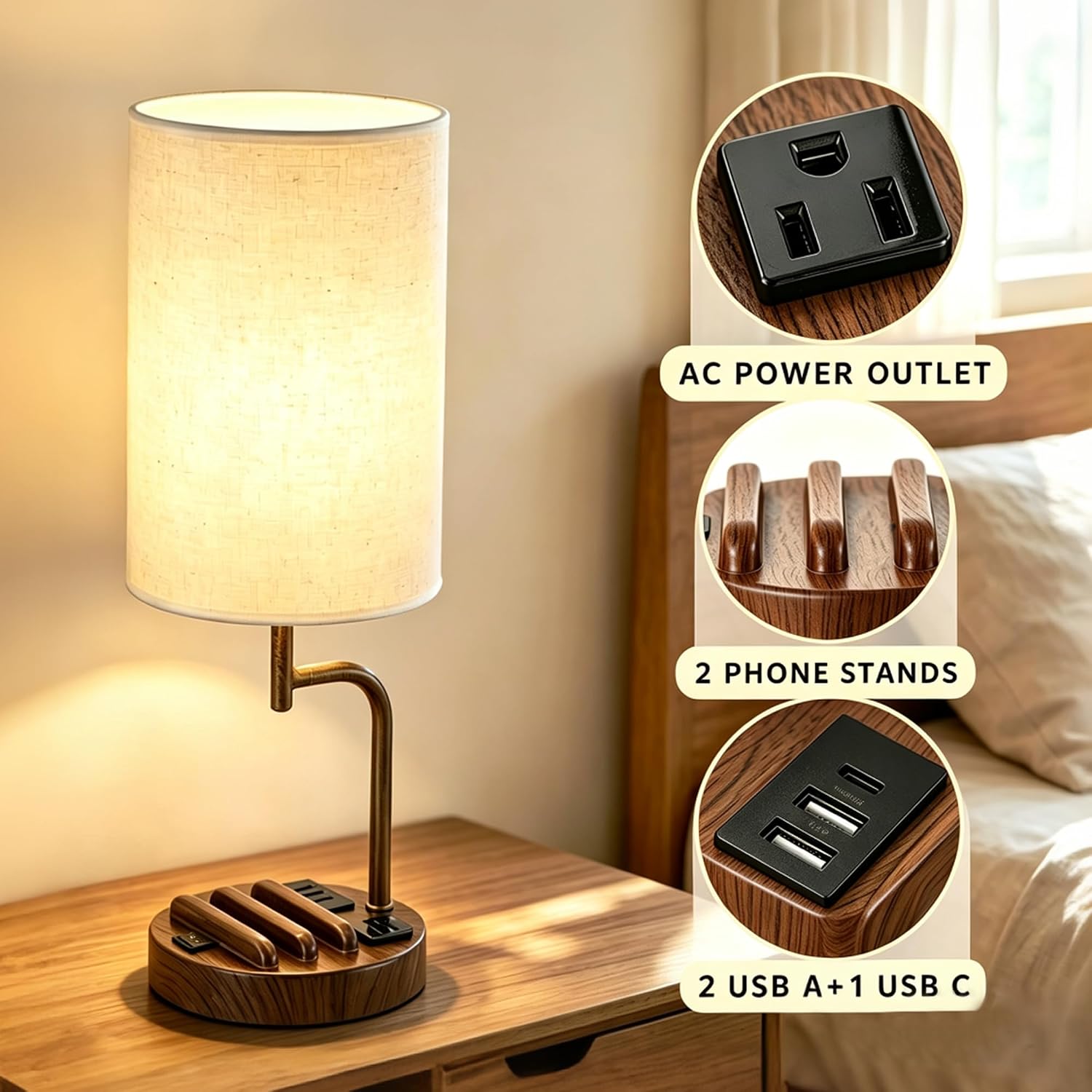  2 Pack Table Lamp, Bedside Lamp with 3 USB Charging Ports & AC Outlet, USB Desk Lamp with 2 Phone Holders, Linen Fabric Shade Nightstand Lamps for Bedroom Living Room Office, Walnut thumbnail
