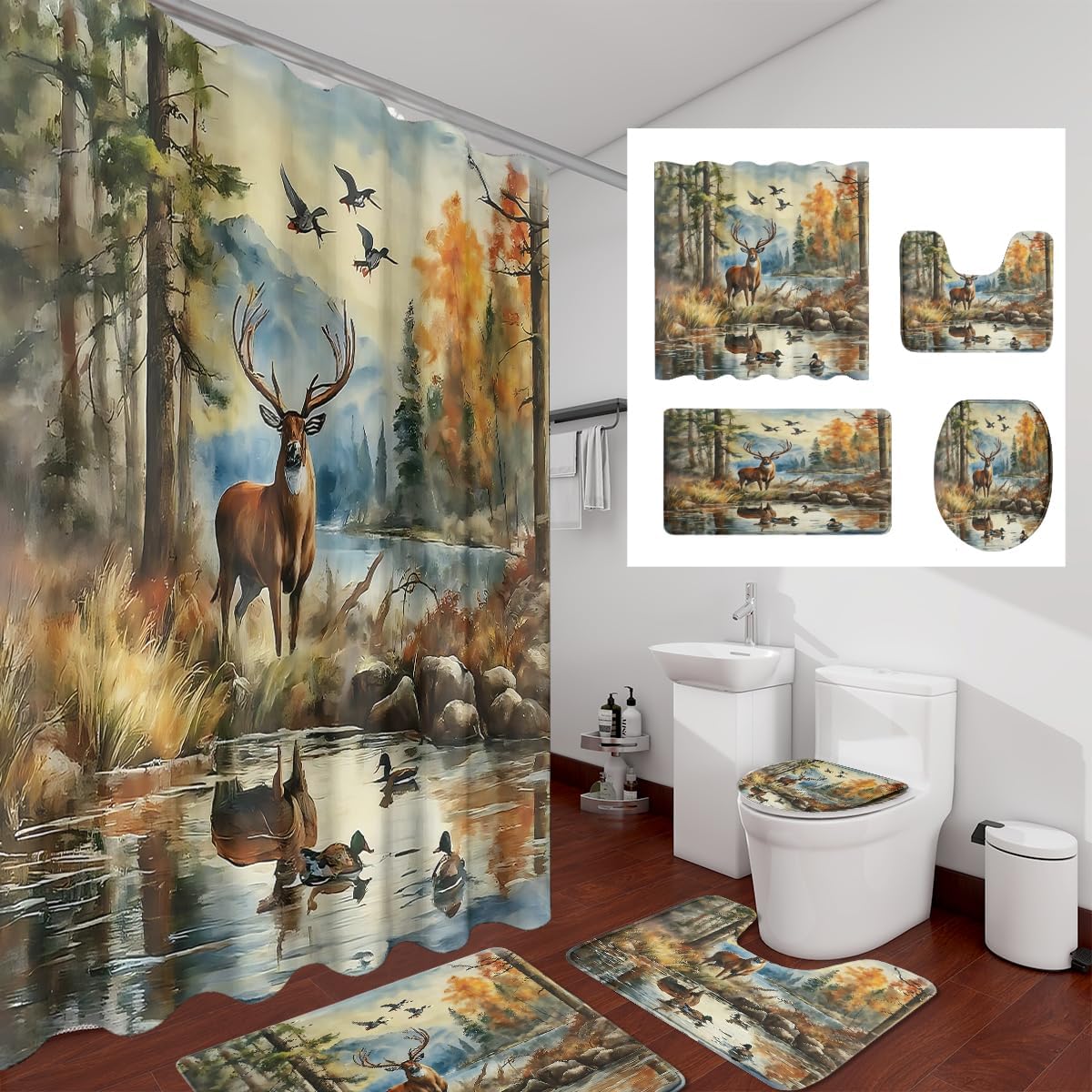 Rustic Cabin Hunting Theme Deer Shower Curtain Sets 4 Piece,Vintage Watercolor Farmhouse Fall Forest Wildlife Pheasants Ducks Bathroom Decor with Rugs Include Waterproof Non-Slip Toilet Lid Cover