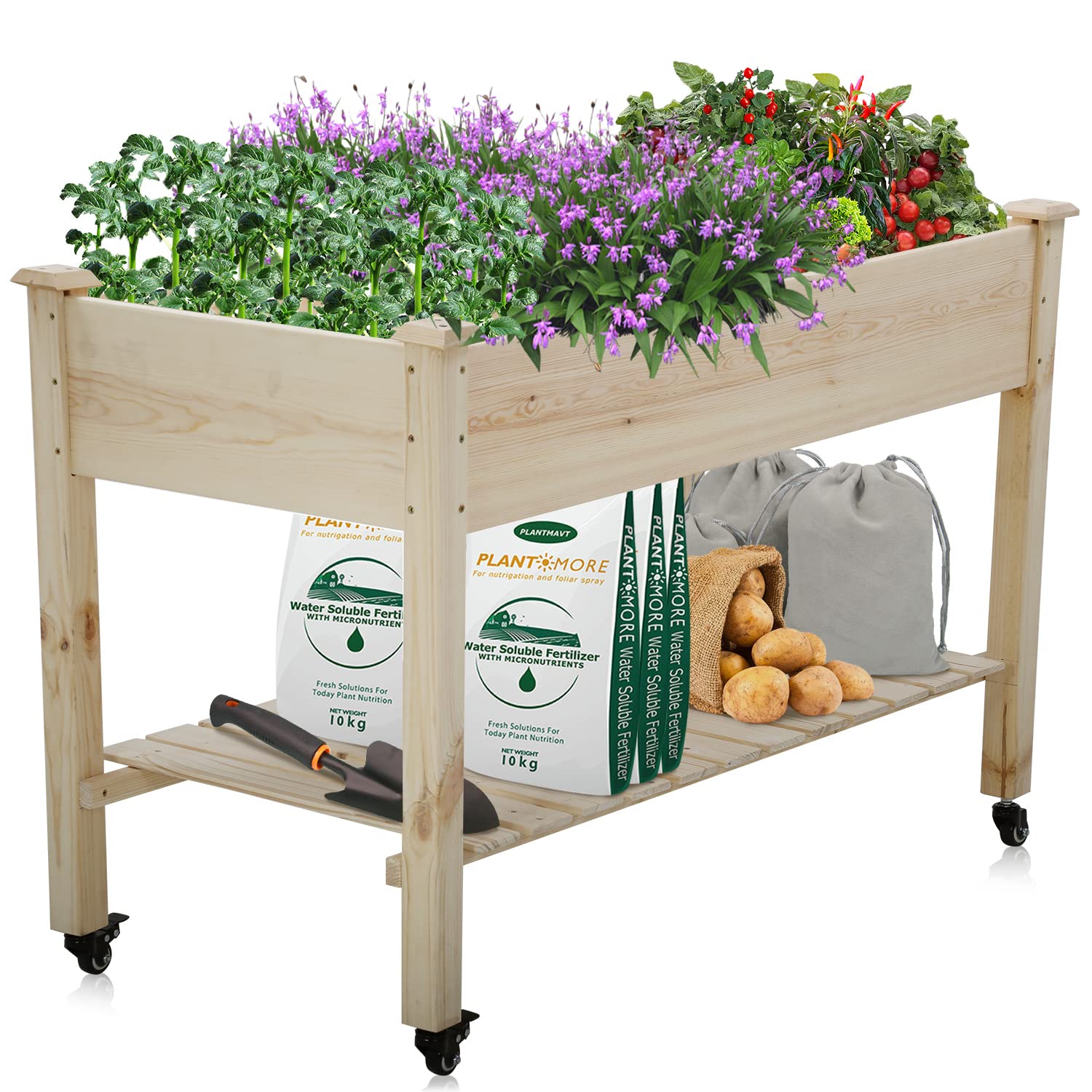 Dkelincs Raised Garden Bed, Wood Elevated Outdoor Planter Box with Legs & Wheels, Large 48x23x32 Inch Vegetable Flower Herb Garden Planter
