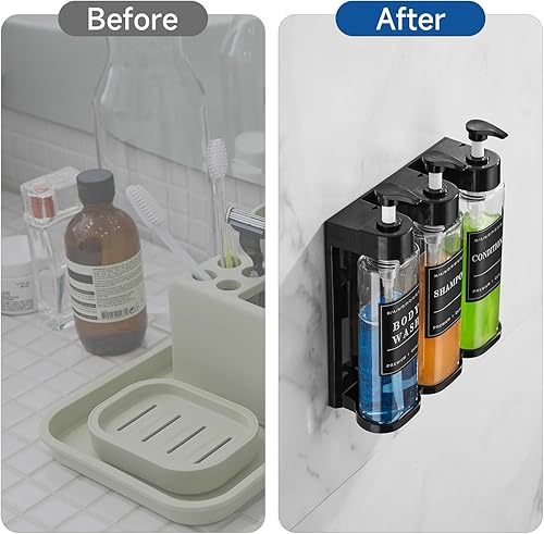 Miniatura 3 de Dispensador de champú y acondicionador, dispensador de ducha Unisense de 3 cámaras, sin taladro, dispensador de champú para montaje en la pared con