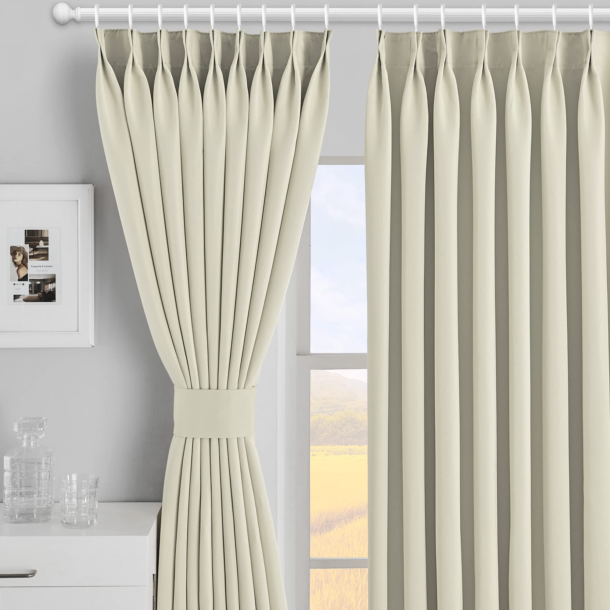 Pinch Pleated Curtain 54W x 84L Inches Window Treatment Indoor Ourdoor, Triple Weave Room Darkening Curtain for Bedroom, Living Room, Easy Hanging via Hooks, Beige, 1 Panel
