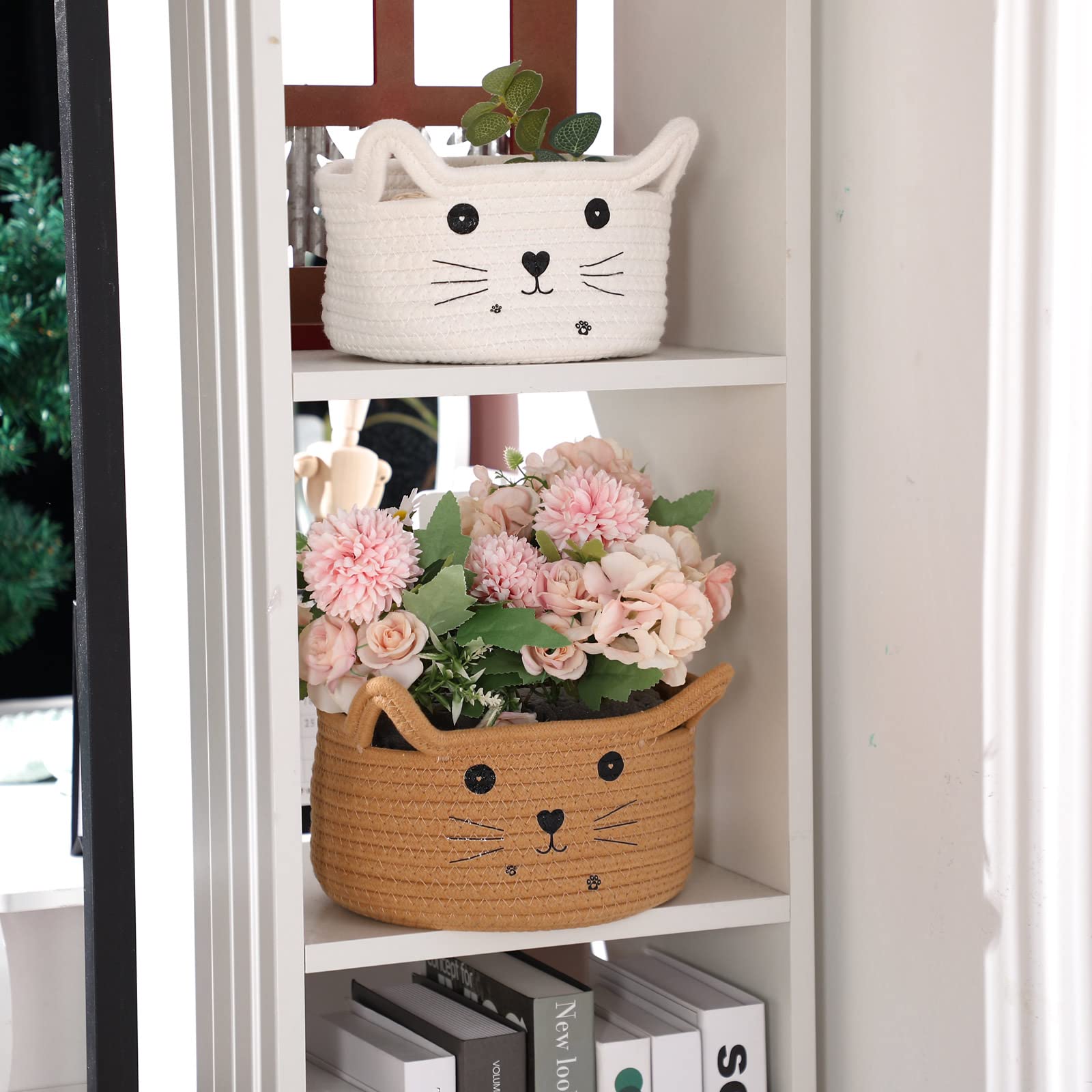 Zopeal - Panier de rangement tissé décoratif en forme de chat avec oreilles - Panier mignon en corde de coton pour animaux de compagnie, cadeau, jouets, chambre d'enfant - 21 x 12 cm - Kaki