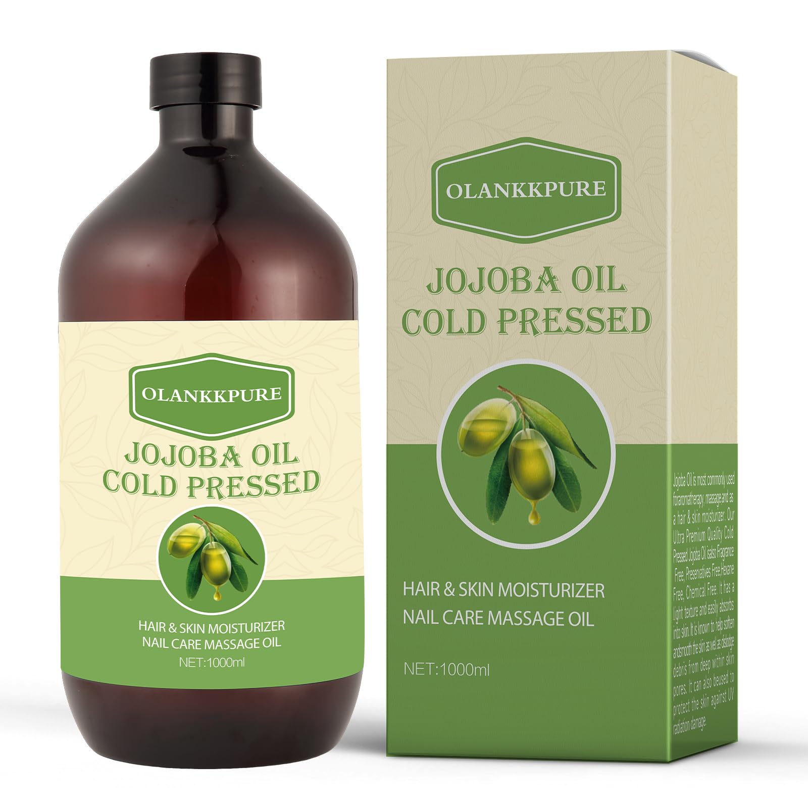 Aceite Portador de Jojoba 100% Puro, sin Refinar, sin Hexano, Prensado en Frío para Piel, Cara, Cabello, Uñas y Masajes, 1000 ml