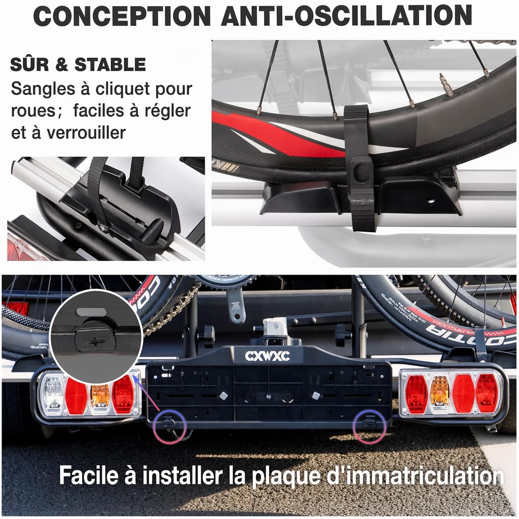 CXWXC Porte vélo électrique pour attelage de remorque 2 vélos, Charge utile maximale 60 kg, Porte-vélos d'attelage de remorque avec feu arrière (Noir)