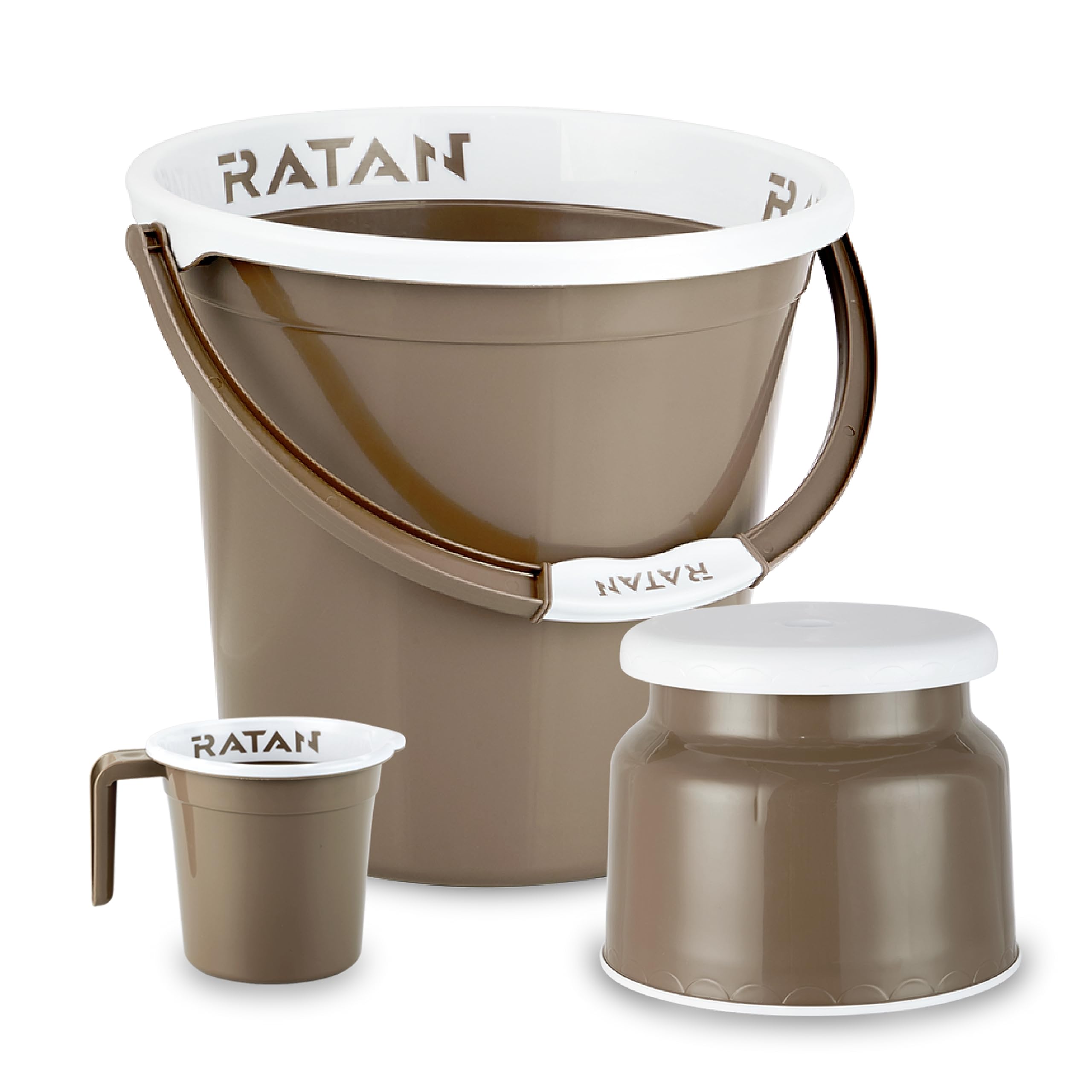 RATAN PLASTICWAREPlastic Bathroom Set of 3 Pieces Combo Pack Gloria Plain 20 Liters Bucket + Nova Stool Patla 107 + Gloria Plain Bath Mug 1.5 Liters Color Light Brown