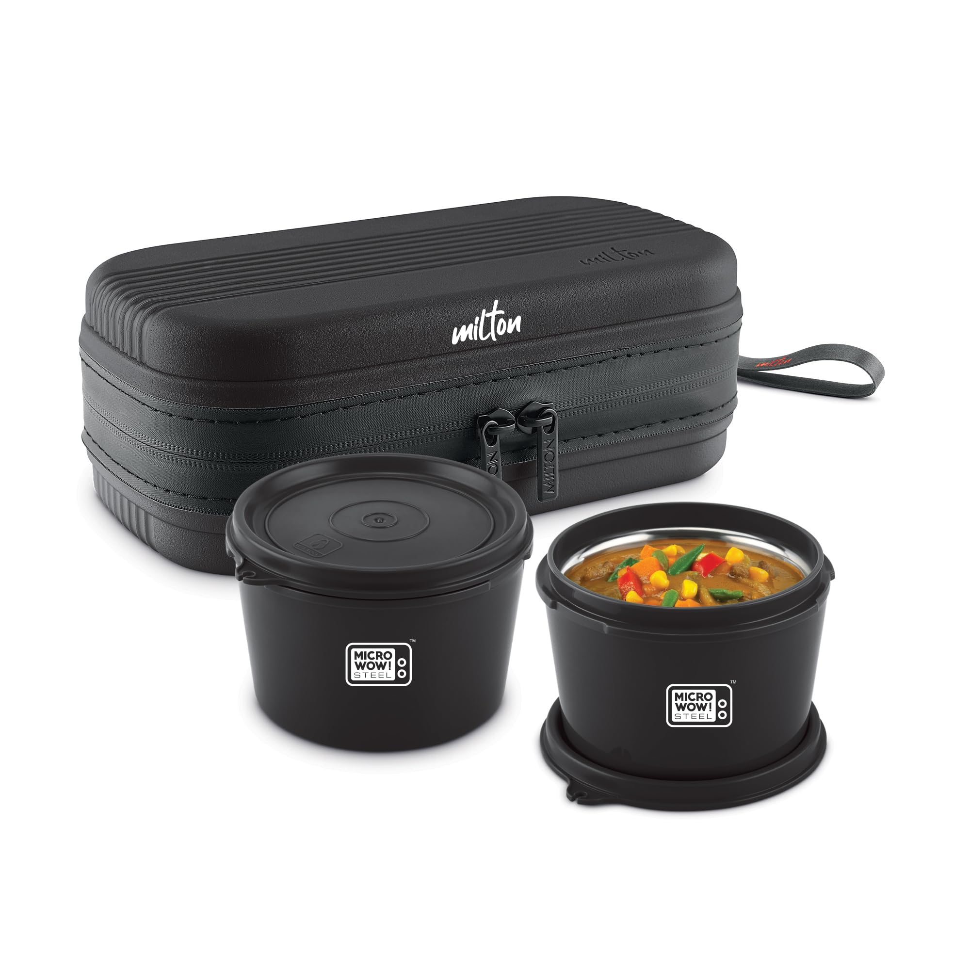 MILTON Town Case Microwavable Lunch Box | Inner Steel, Double Wall, Leak-Proof Design | Compact & Durable Lunch Box for Office use, College, School, (2 x 450 ml), Black