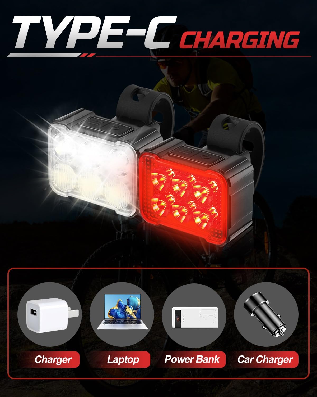 Victoper Luci Bici Luci Bicicletta 6 LED Anteriori e Posteriori,Luce Bici 1000 Lumens 8+12 modalità IPX4 Impermeabile,Luci per Bicicletta,Luci Bicicletta LED Ricaricabili
