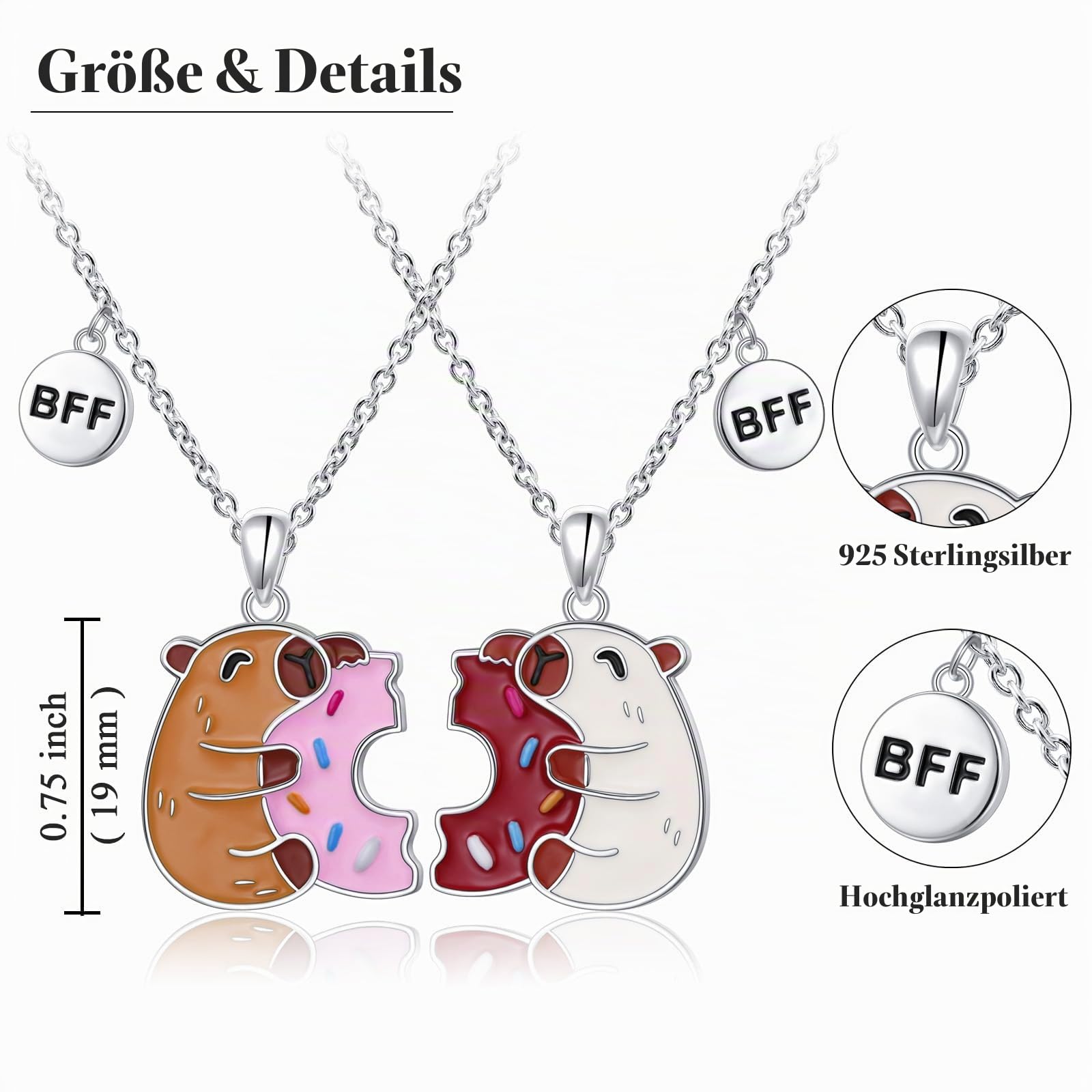 Capybara Freundschaftskette 925 Sterling Silber Niedliche Donut Capibara BFF Passende Anhänger Halskette Set für 2 Mädchen Hypoallergenic Capybara Freundschaftsschmuck Geschenk für Beste Freunde