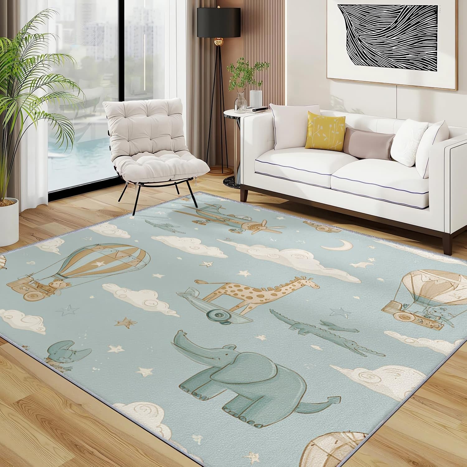 80x150 cm Alfombras Dormitorio Dibujos Animados Aventura Animales Sin Despren dimiento Moderna, Suave y Esponjosa Alfombra Azul Claro Antideslizante Lavable, ideal para salón, Dormitorio o pasillo