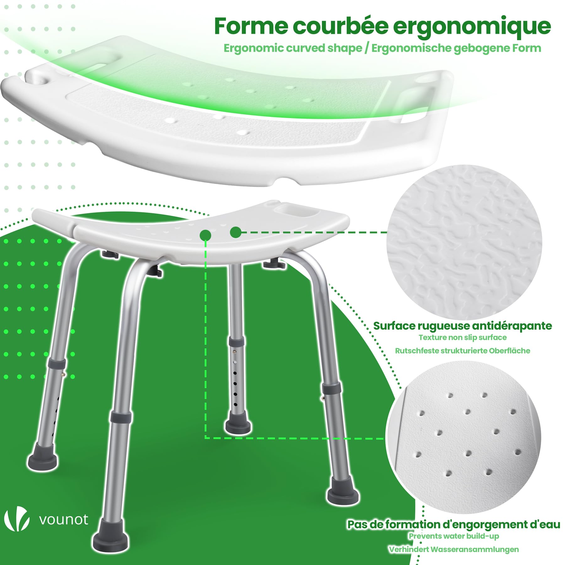 VOUNOT® Taburete de Ducha Altura Regulable 38-52 cm, Asiento de Baño con Patas Antideslizantes, Ayuda para Personas Mayores y Discapacitados, Carga máx. 136 kg, Blanco
