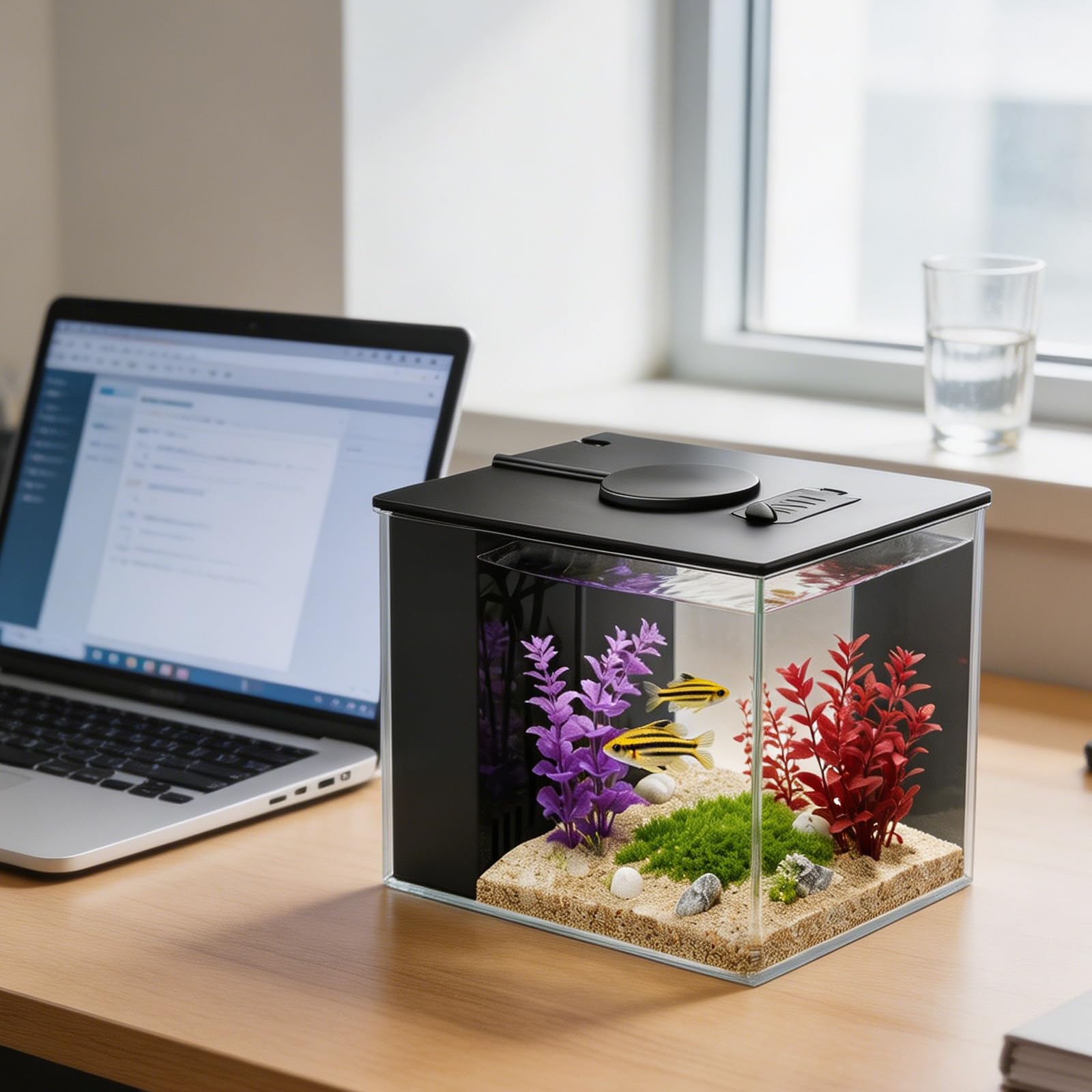 Betta Aquarium Komplettset, 3,7L Kleines Mini Aquarium aus Acryl, Schwarz | mit Filterpumpe und Eingebautem Filtersystem, LED-Beleuchtung, ideal für kleine Fische, Garnelen und Pflanzen,ohne Batterie