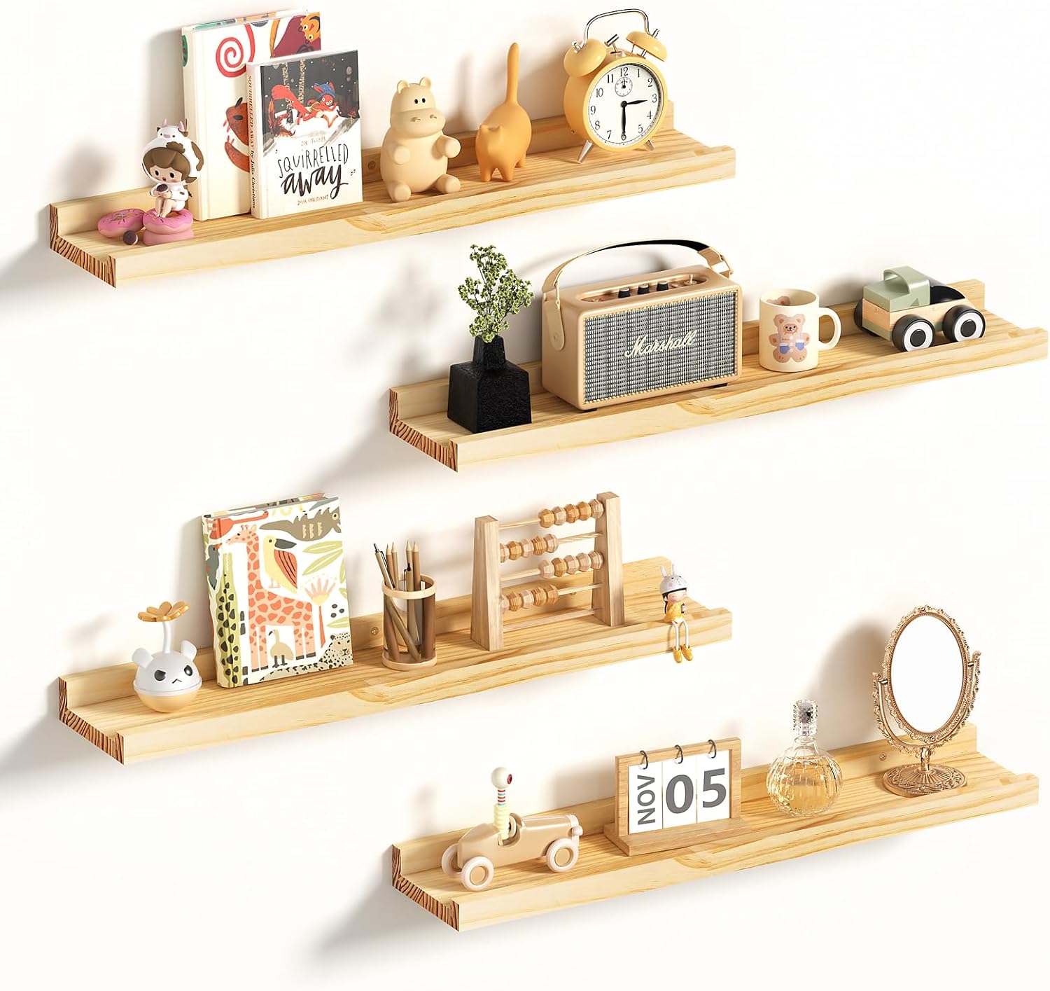 24 Inch Wood Floating Shelves,Floating Shelves for Wall, Bathroom Bedroom Kitchen Book Shelf, Rustic Wooden Home Decor Plant Display,Natural Unfinished-No Stain, Set of 4, Natural 4pc Natural Wood-24 Inch