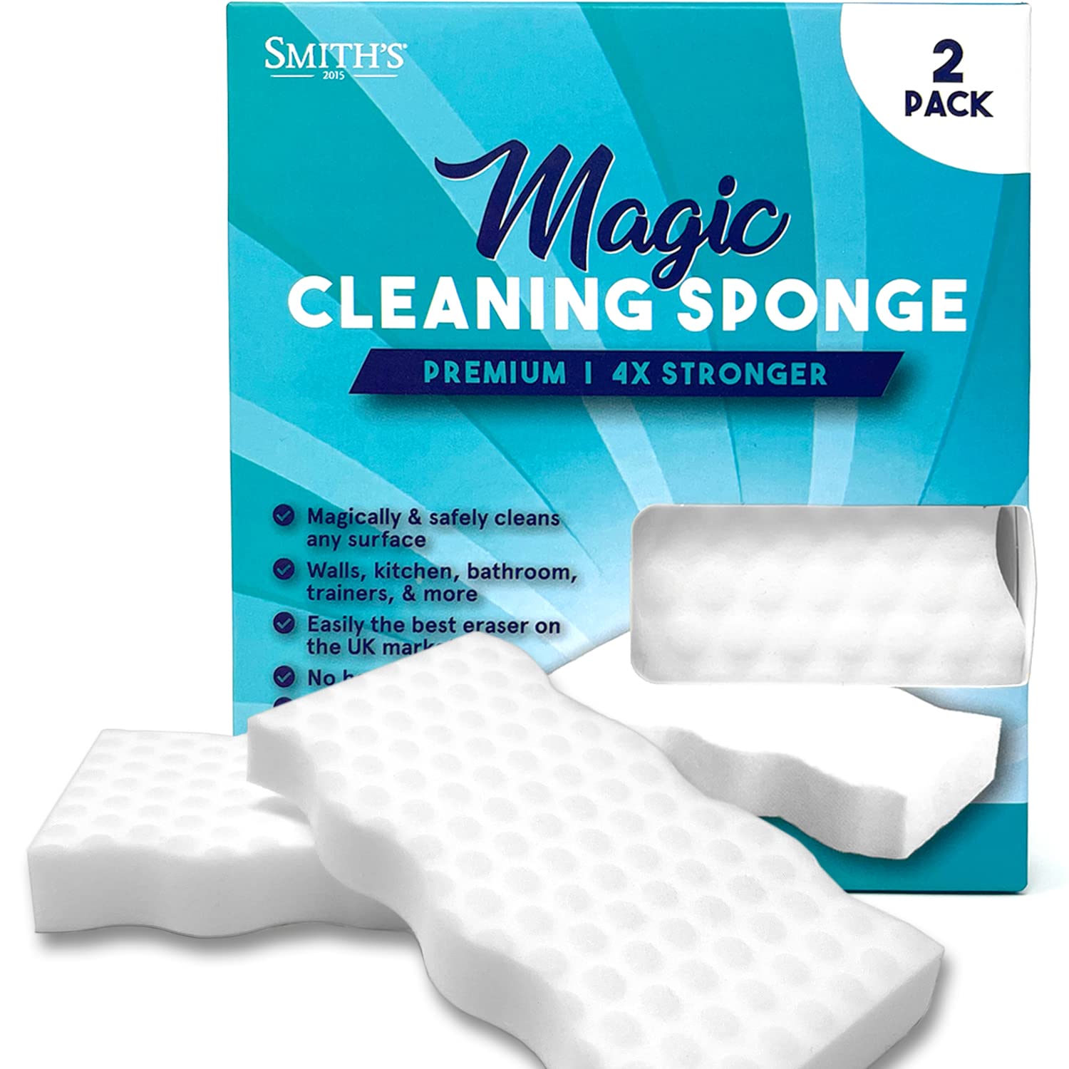 Professional Magic Erasers By Smith’s® | 2 Pack | 12.1 x 6.6 x 2.2 cm | Heavy Duty, Chemical-Free Magic Sponges for Cleaning & Removing Stains | 4x Stronger & 4x More Durable