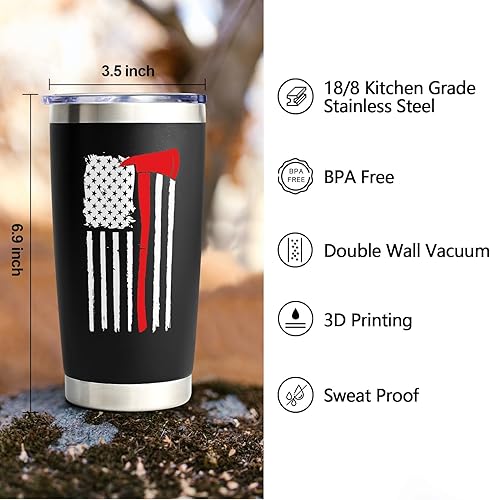Miniatura 3 de LiqCool - Regalos de bomberos para hombres, vaso de viaje con diseño de bandera de línea roja fina, regalos geniales de bombero para marido,