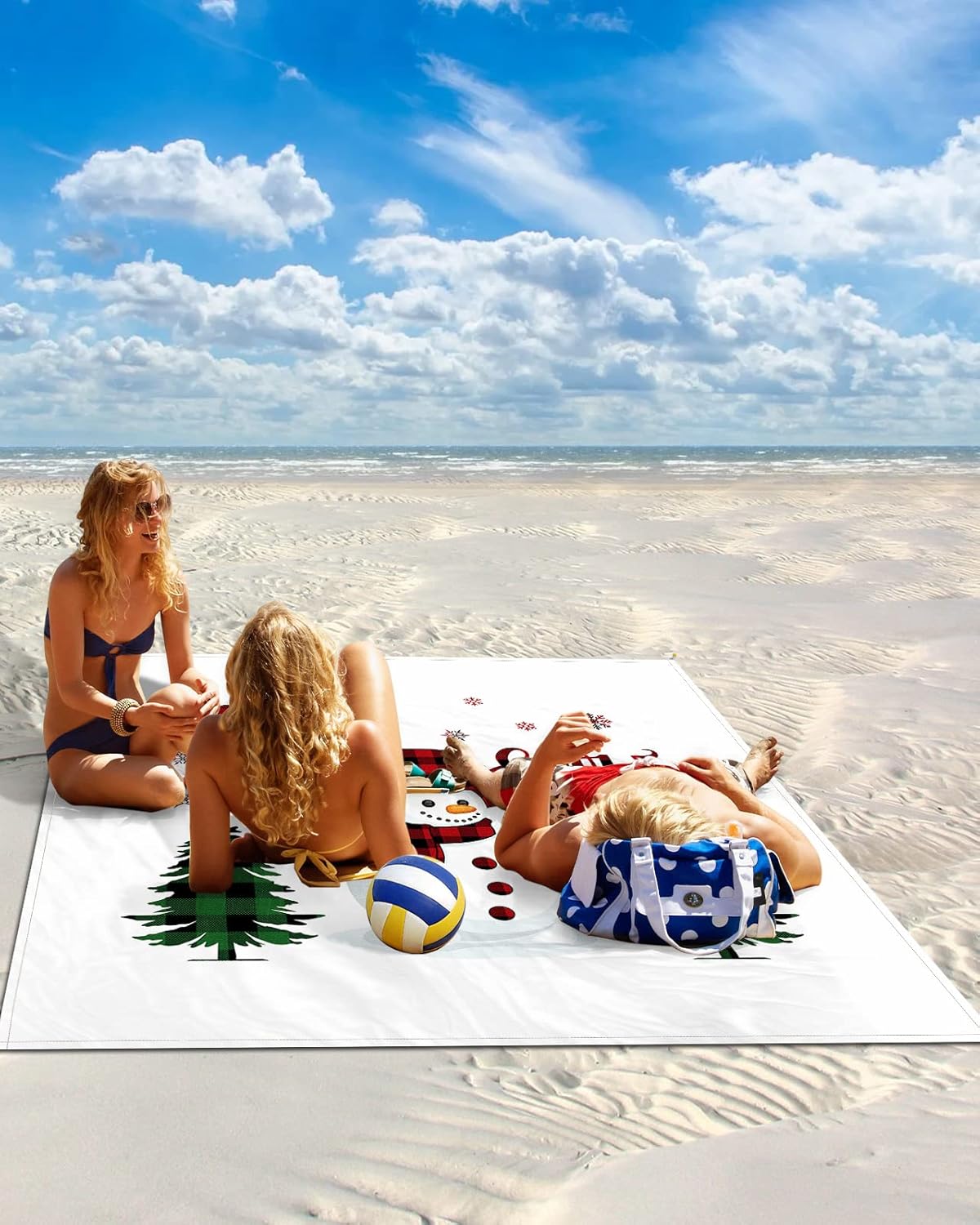 Winter Snowman Christmas Pine Tree Beach Blanket Waterproof Sandproof Outdoor Picnic Mat 95"x80" Buffalo Texts on White Lightweight Large Beaach Blankets with 4 Stake & 4 Corner Pockets